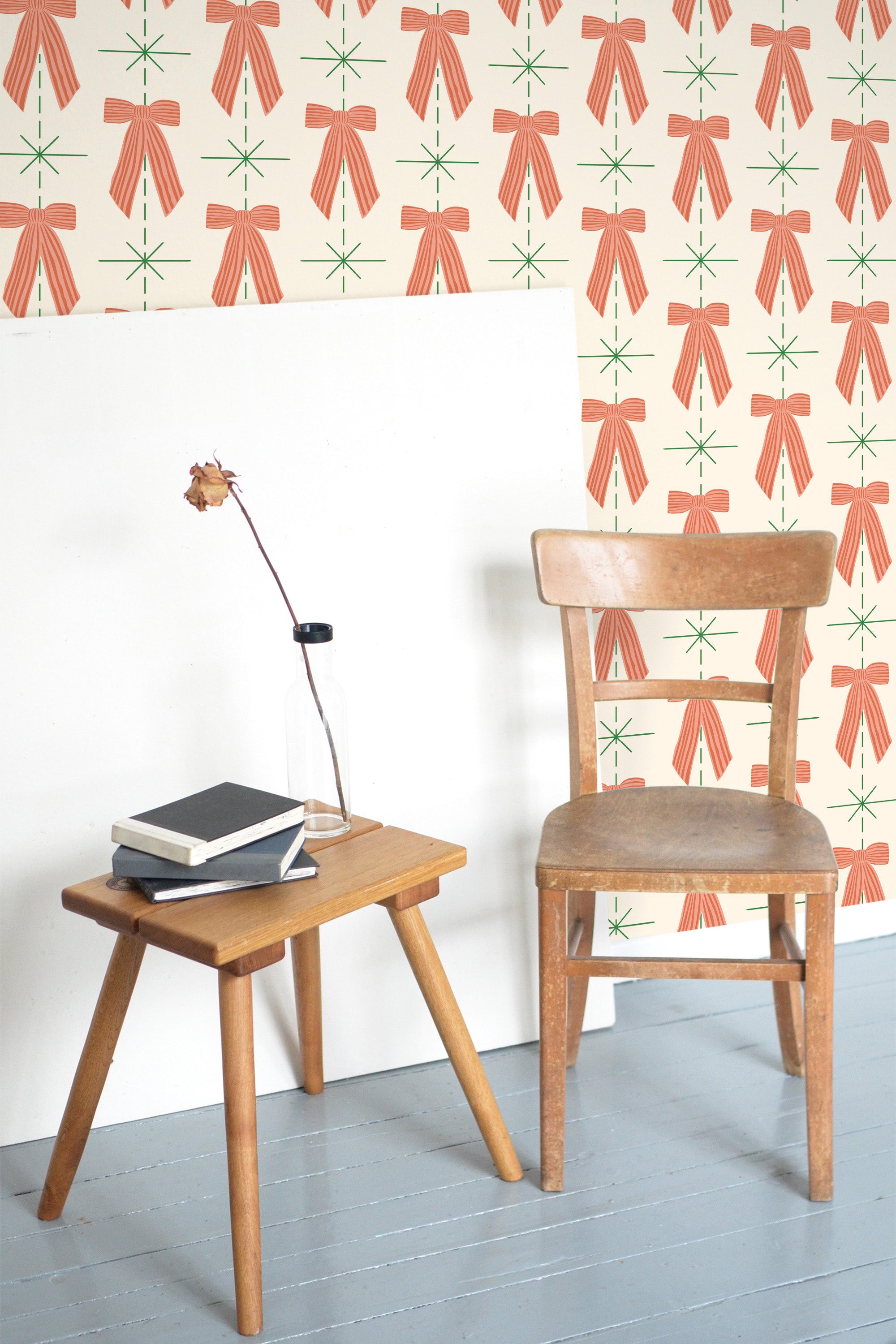 wooden table chair decorative plant blank canvas striped ribbons self adhesive wallpaper