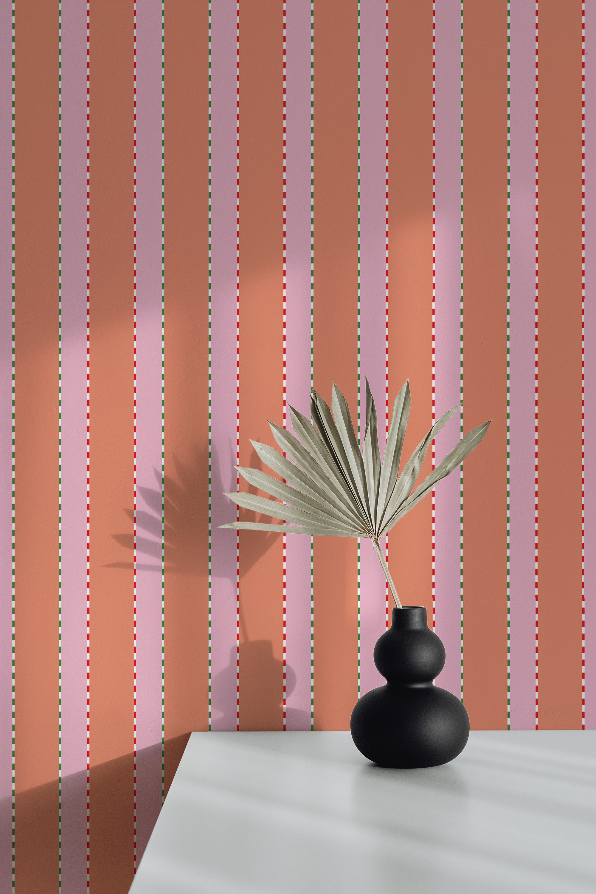 wallpaper peel and stick accent wall pink stripes pattern decorative vase plant