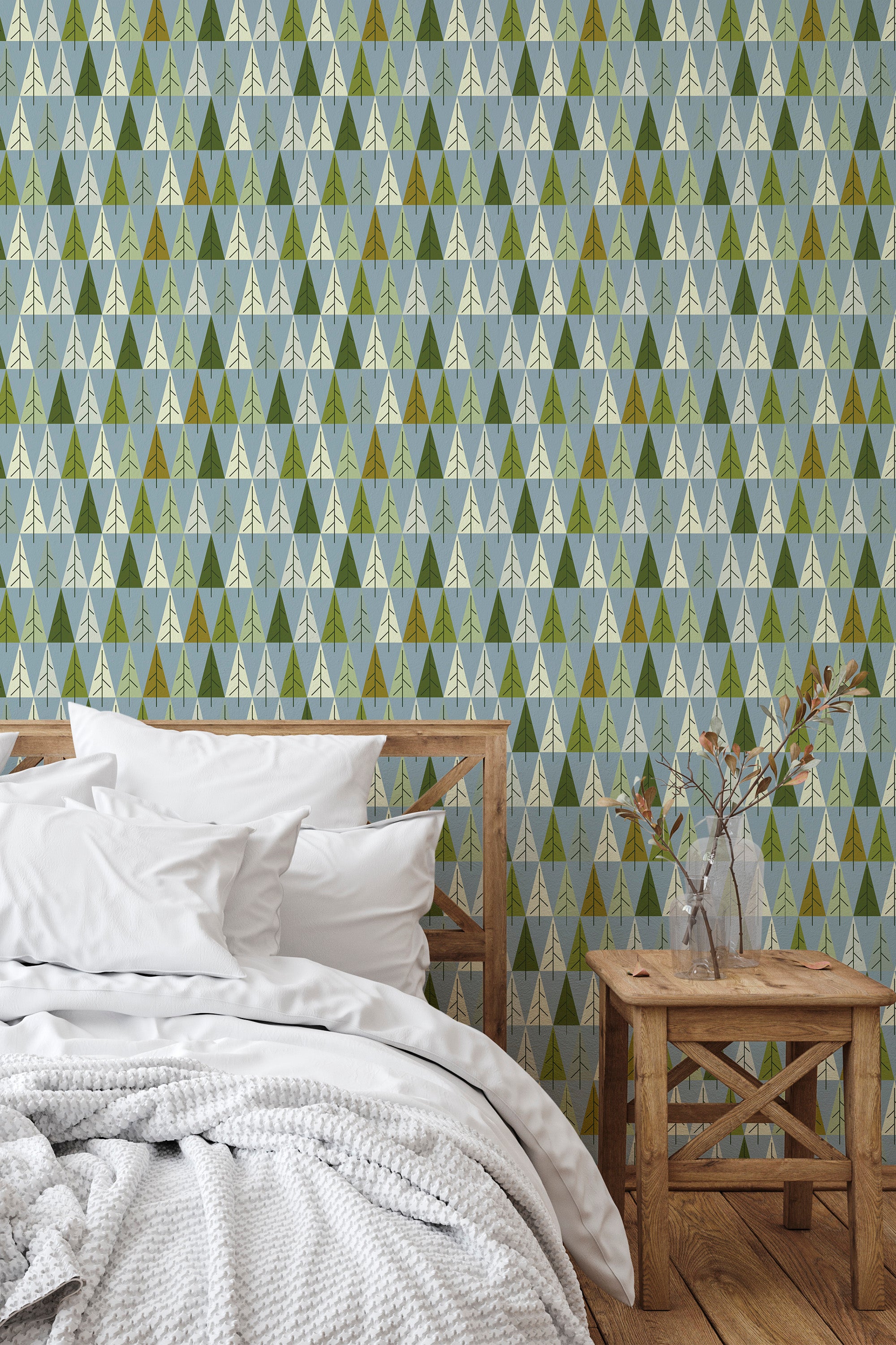 simple bedroom bed nightstand decorative vase christmas tree triangles wall decor