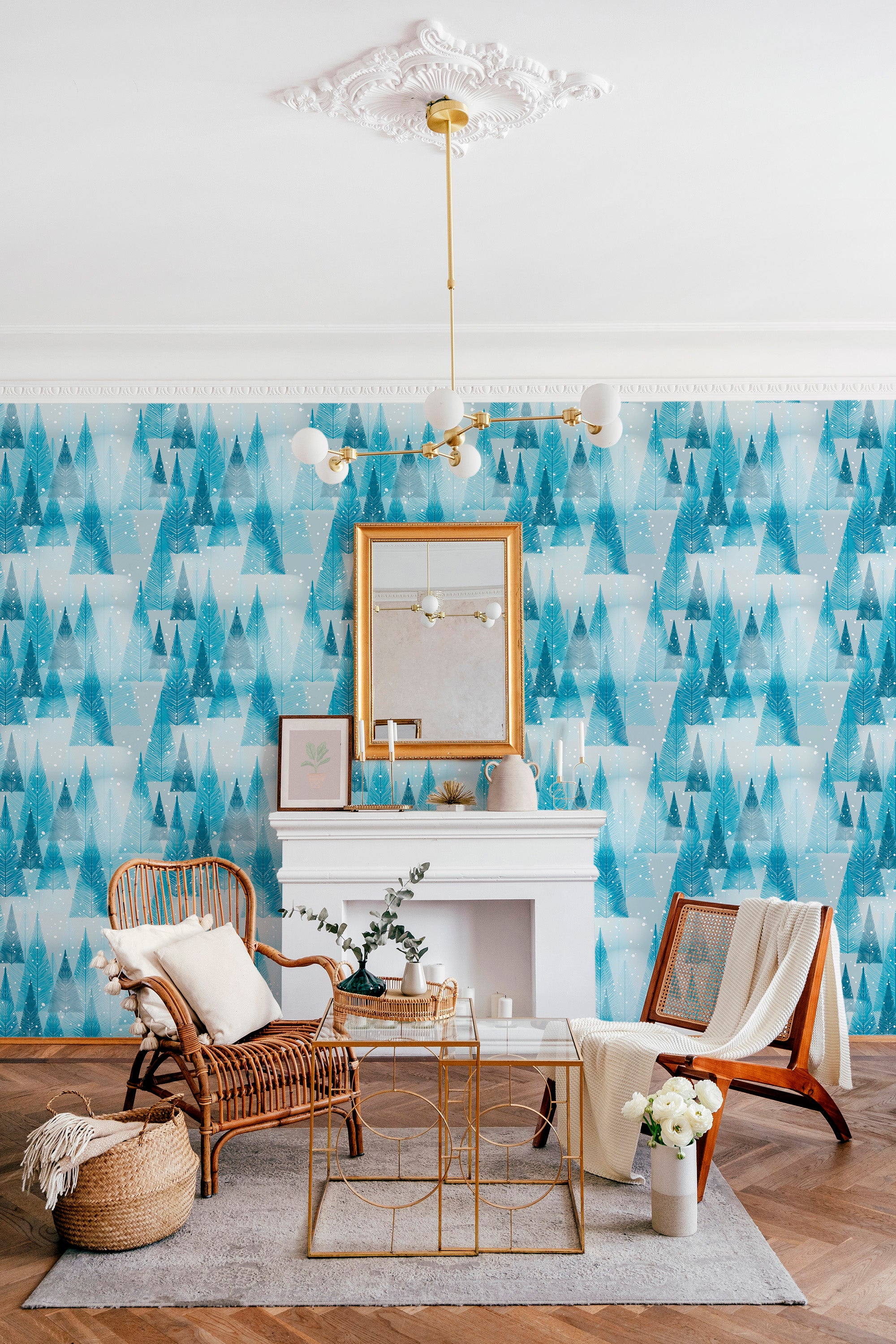 living room fireplace chairs coffee table winter forest accent wall