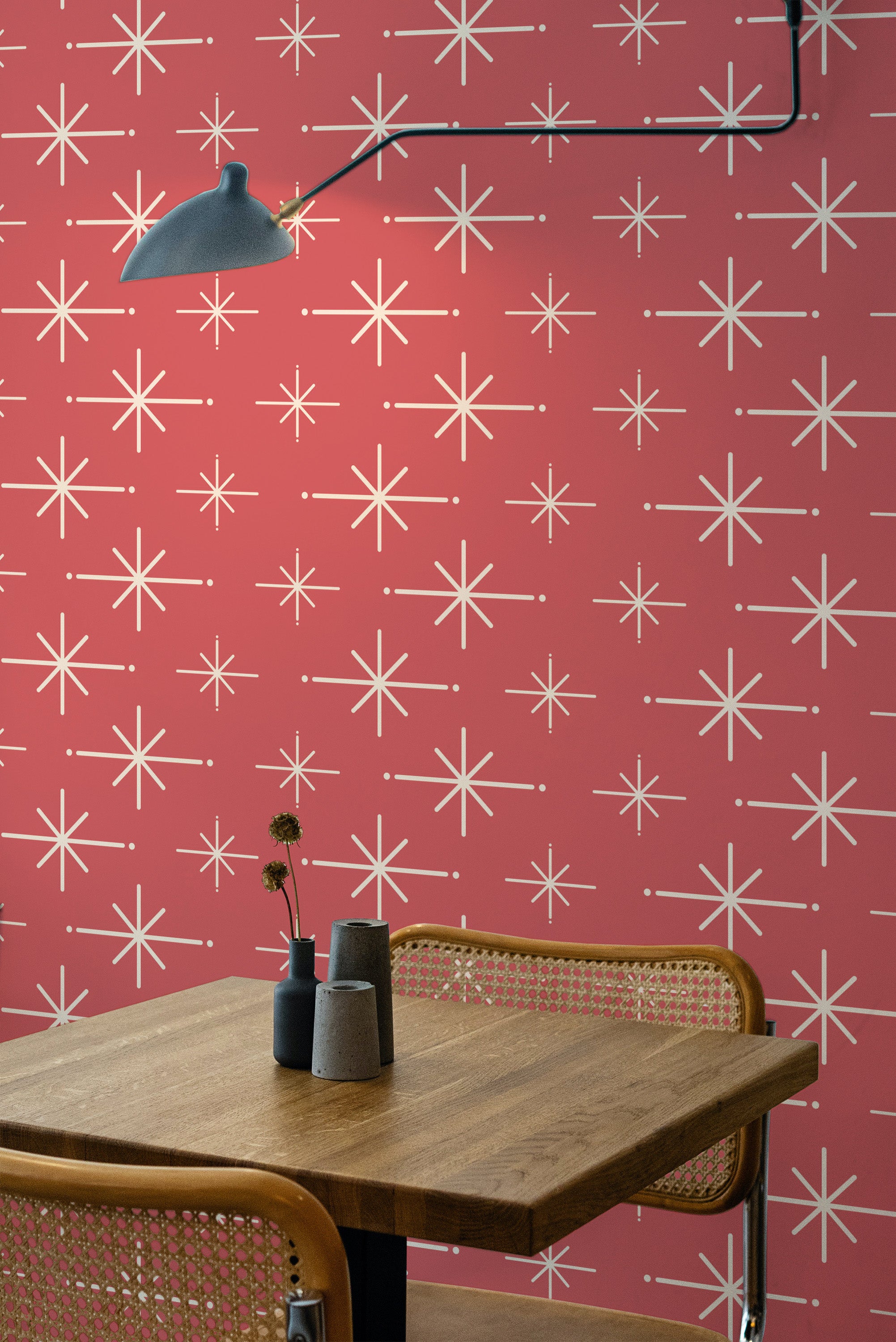 wooden dining table rattan chairs retro stars peel and stick wallpaper