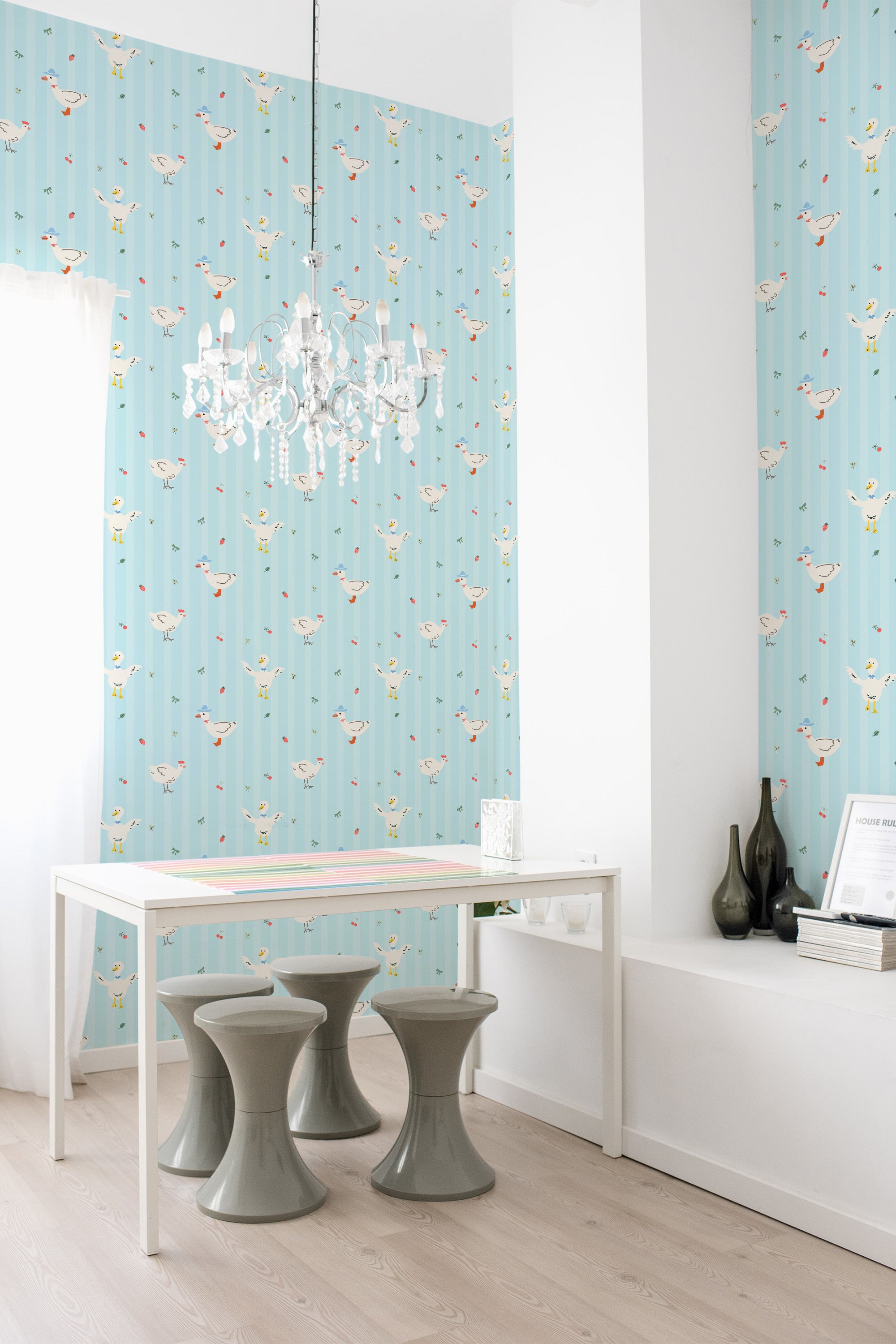 self adhesive wallpaper fun ducks pattern dining room table chandelier home decor