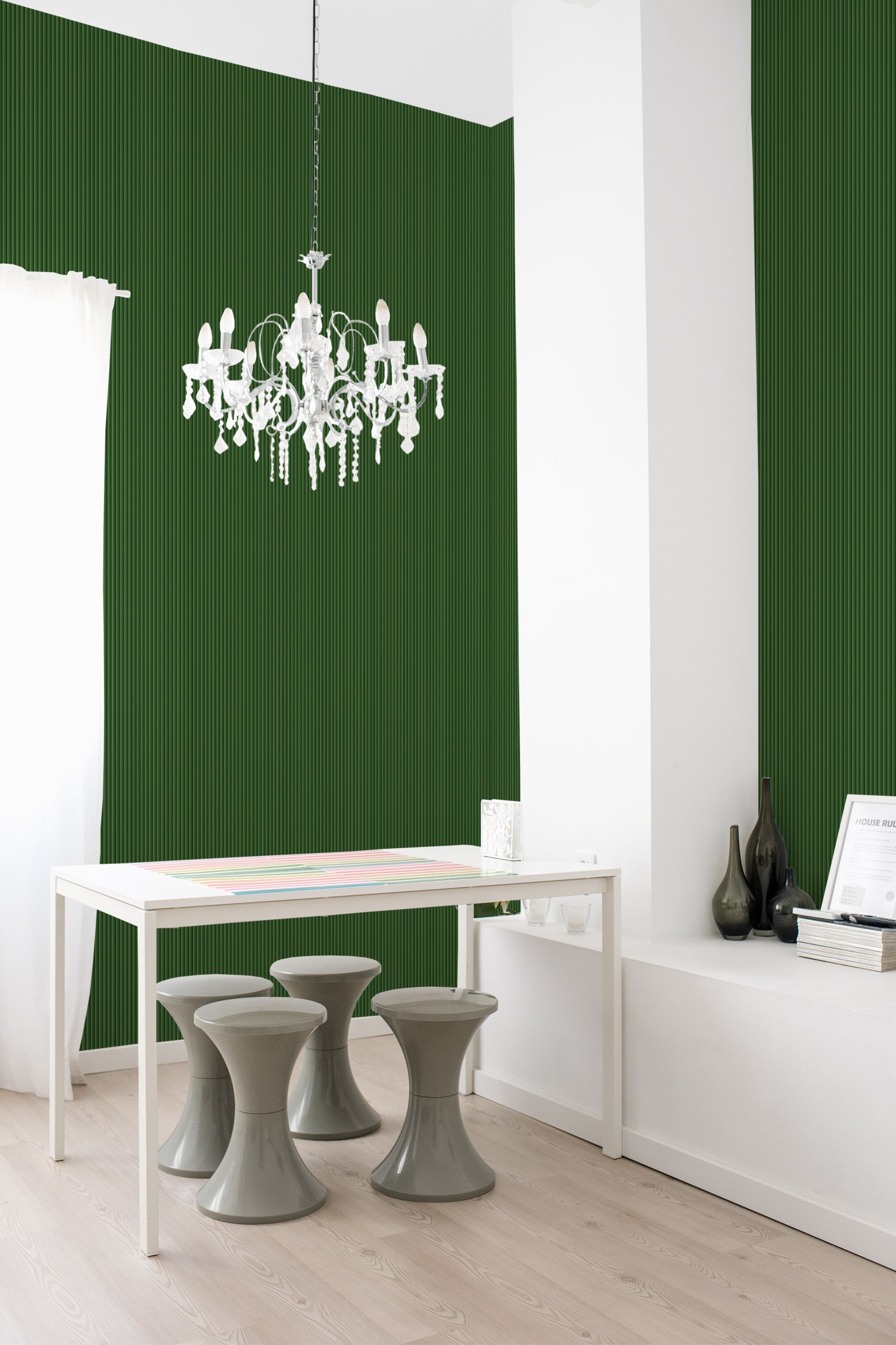 self adhesive wallpaper forest green fabric look pattern dining room table chandelier home decor