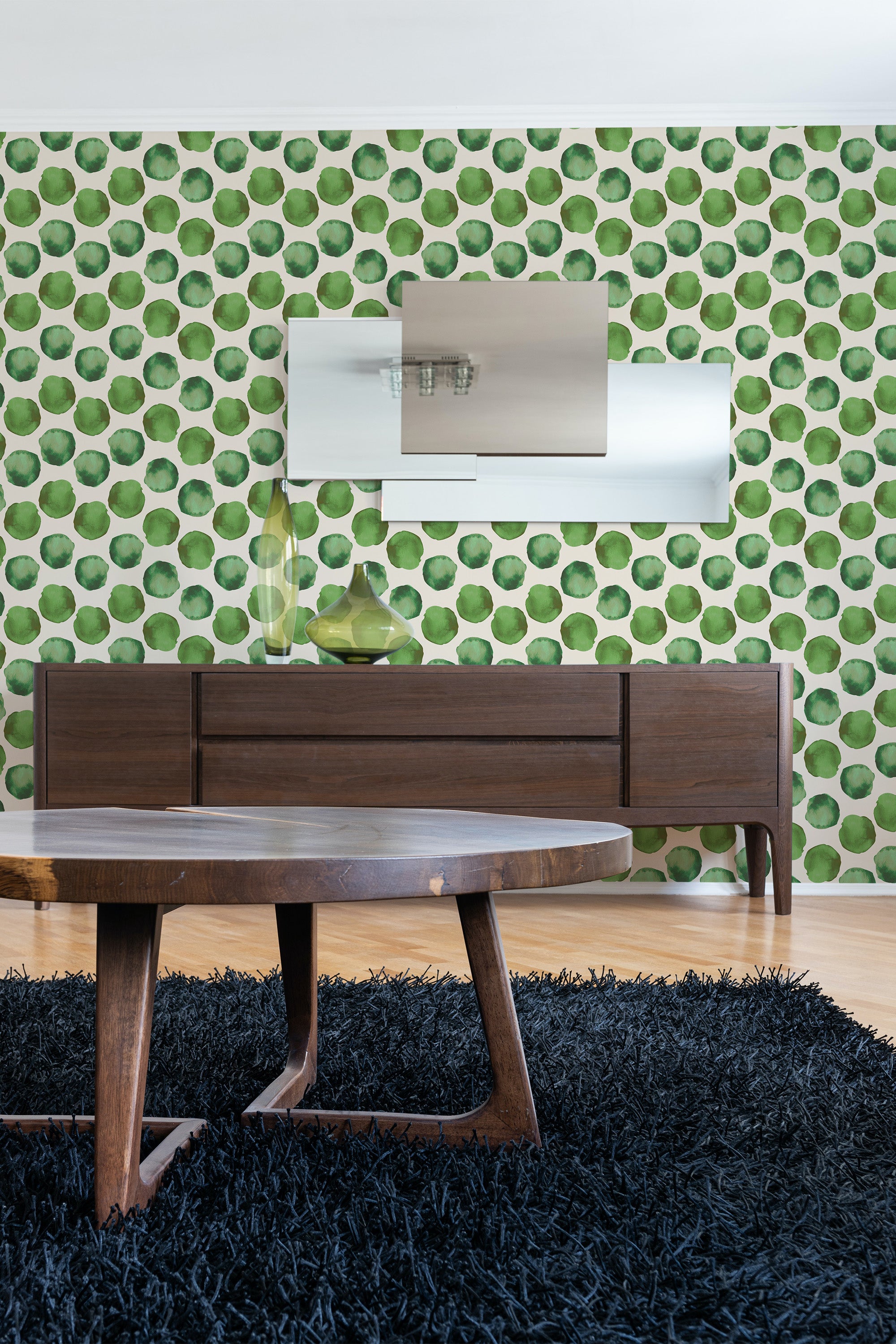 contemporary living room dark wood furniture green watercolor dots peel and stick wallpaper