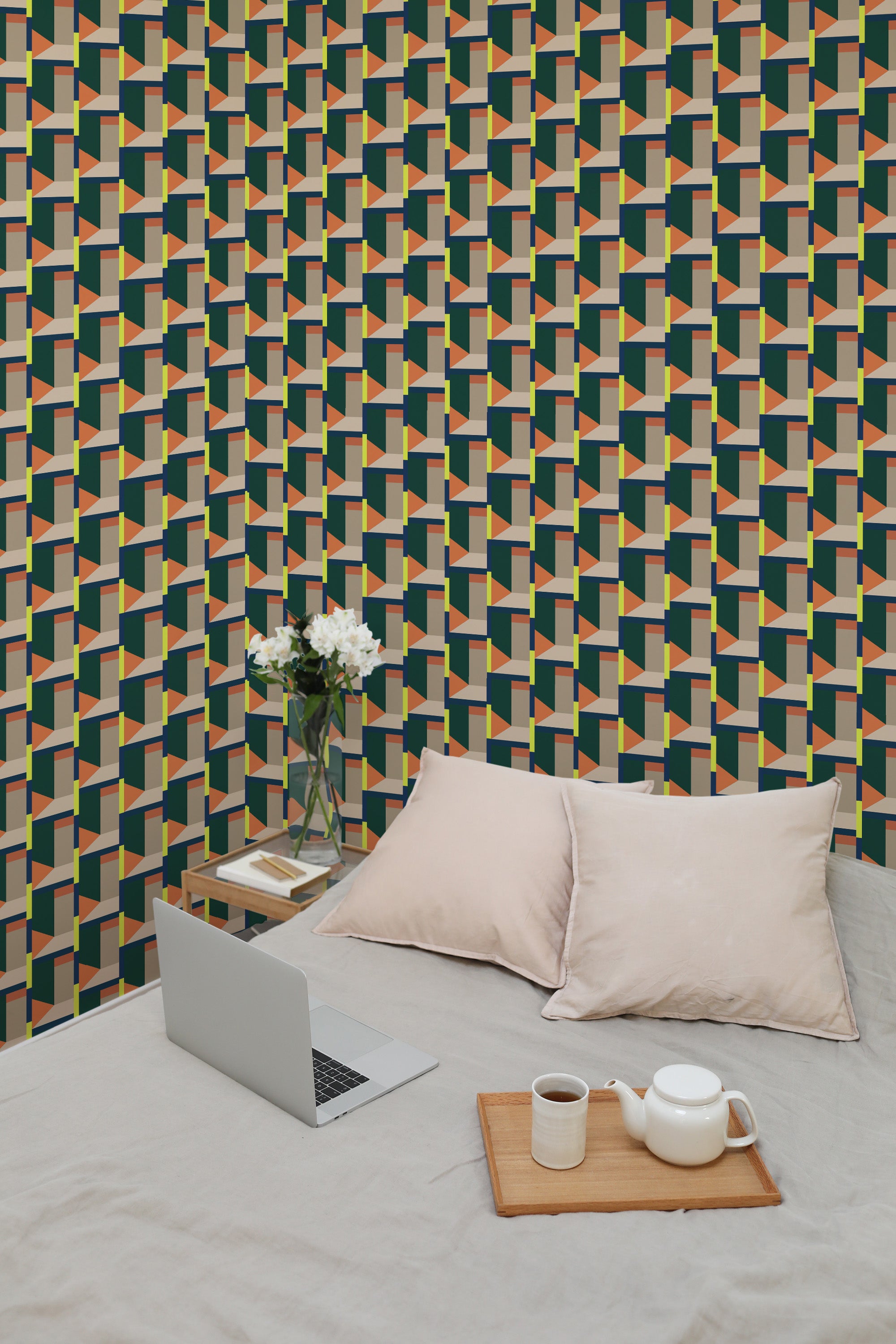 temporary wallpaper warm geometric pattern cozy romantic bedroom interior