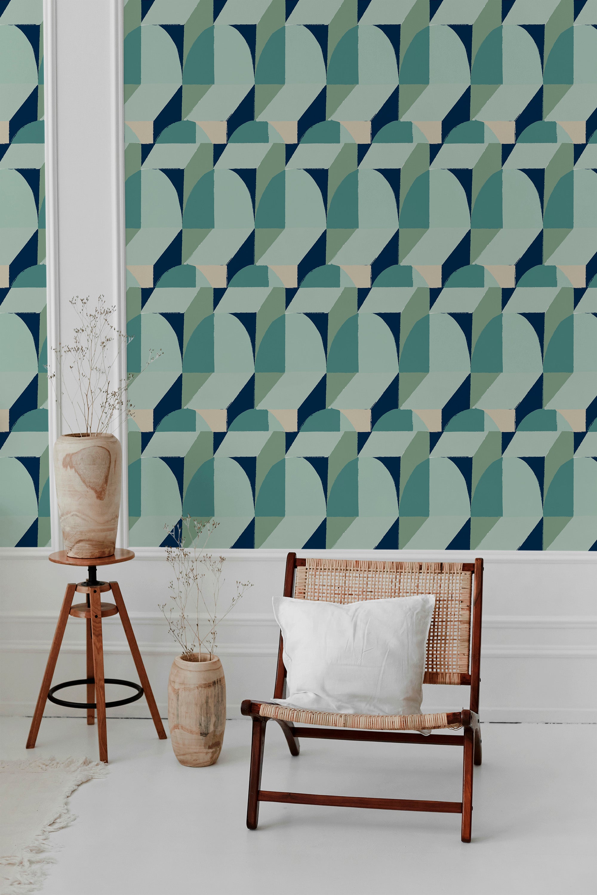 modern living room rattan chair decorative vase minty brush geometric pattern