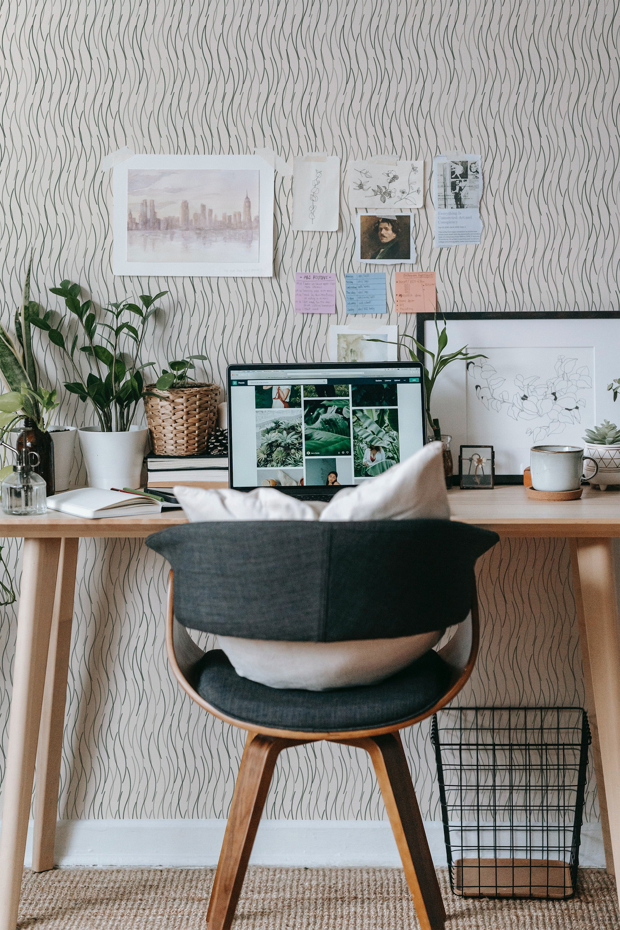 modern home office desk plants posters computer japandi lines stick on wallpaper