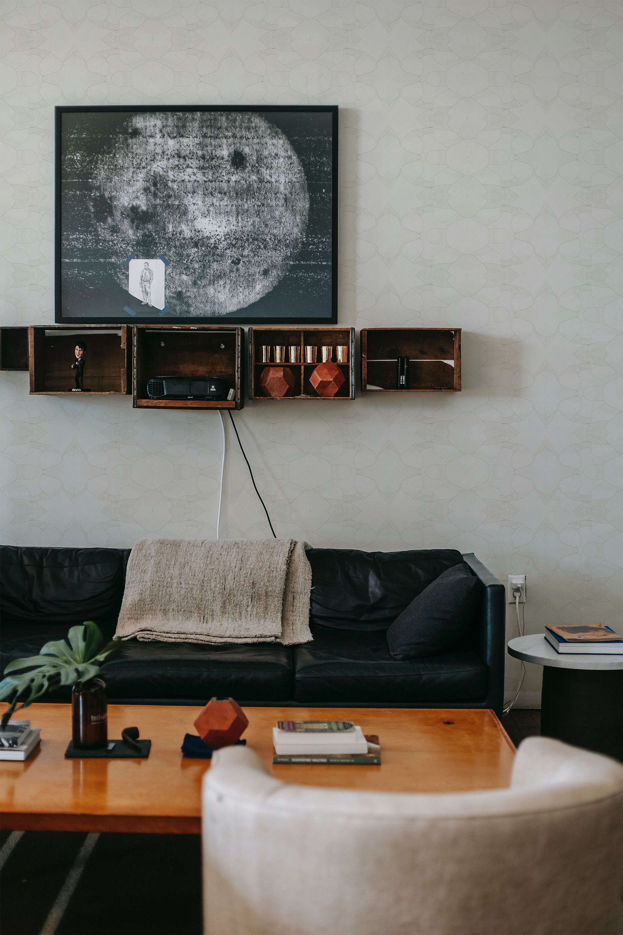 modern sophisticated living room leather sofa japandi symmetry peel and stick removable wallpaper