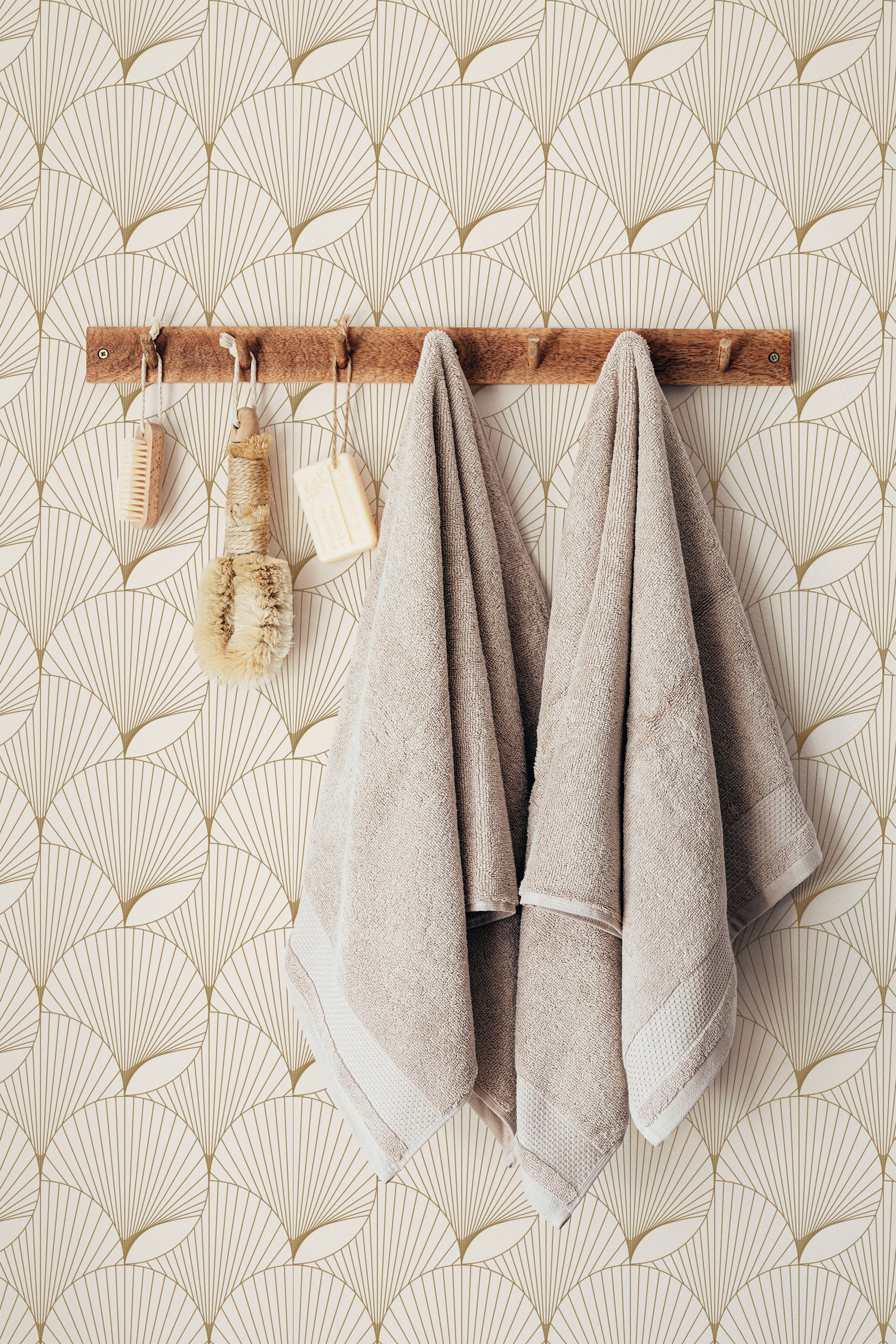 stick and peel wallpaper japandi art deco pattern bathroom brush soap towel accessory wall
