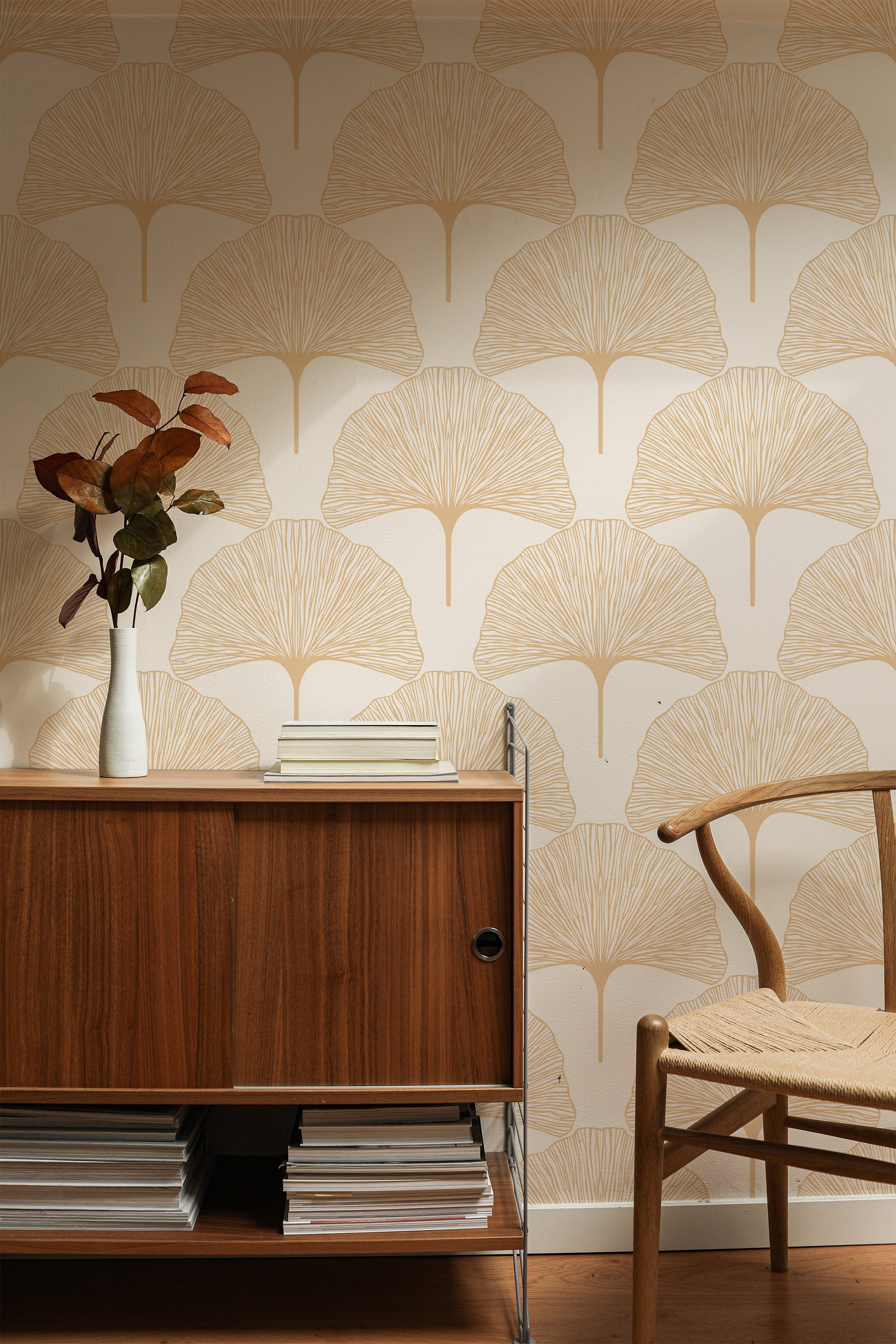 traditional wallpaper ginco leaf pattern accent wall sophisticated living room interior