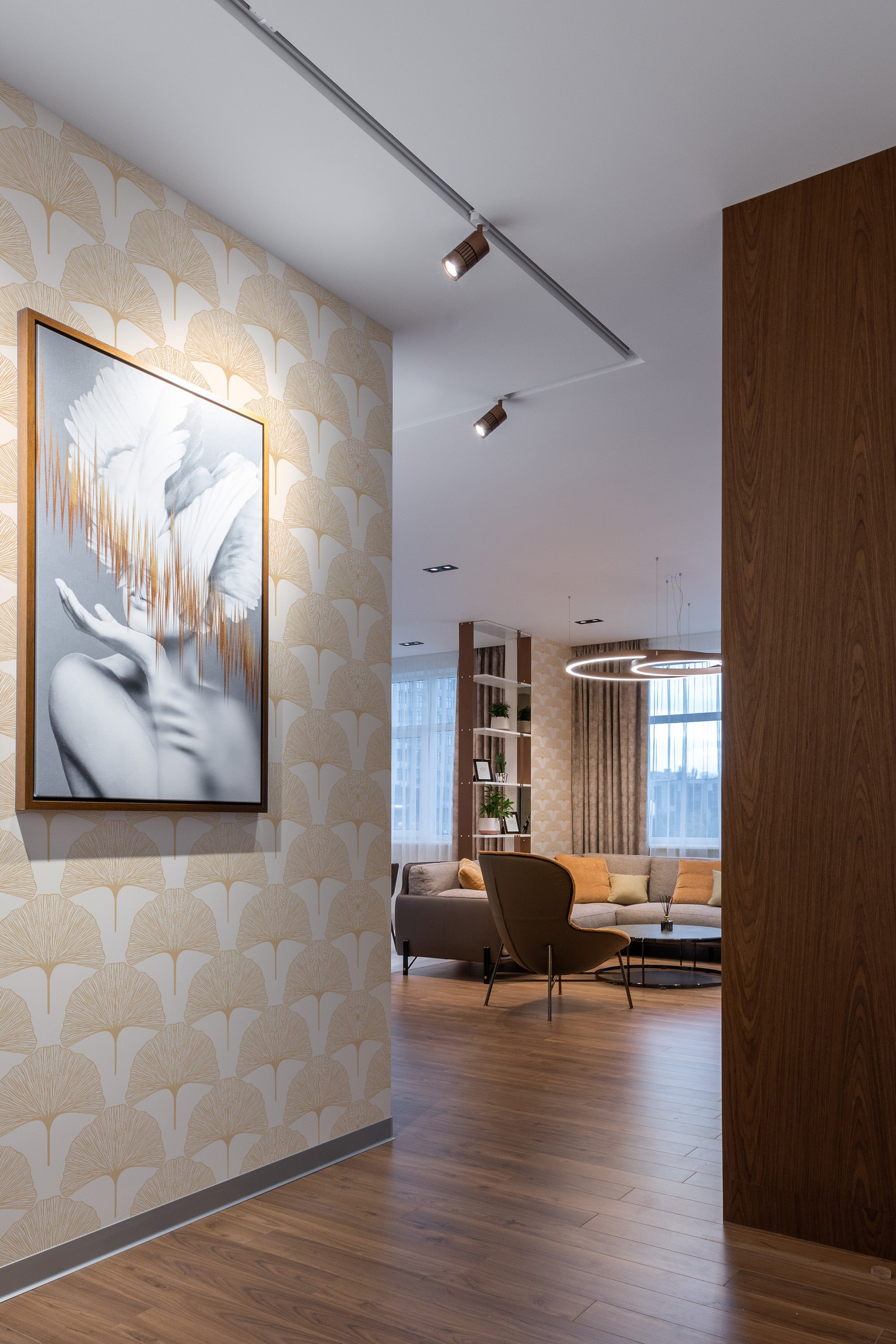 peel and stick removable wallpaper ginco leaf pattern modern contemporary apartment living room interior