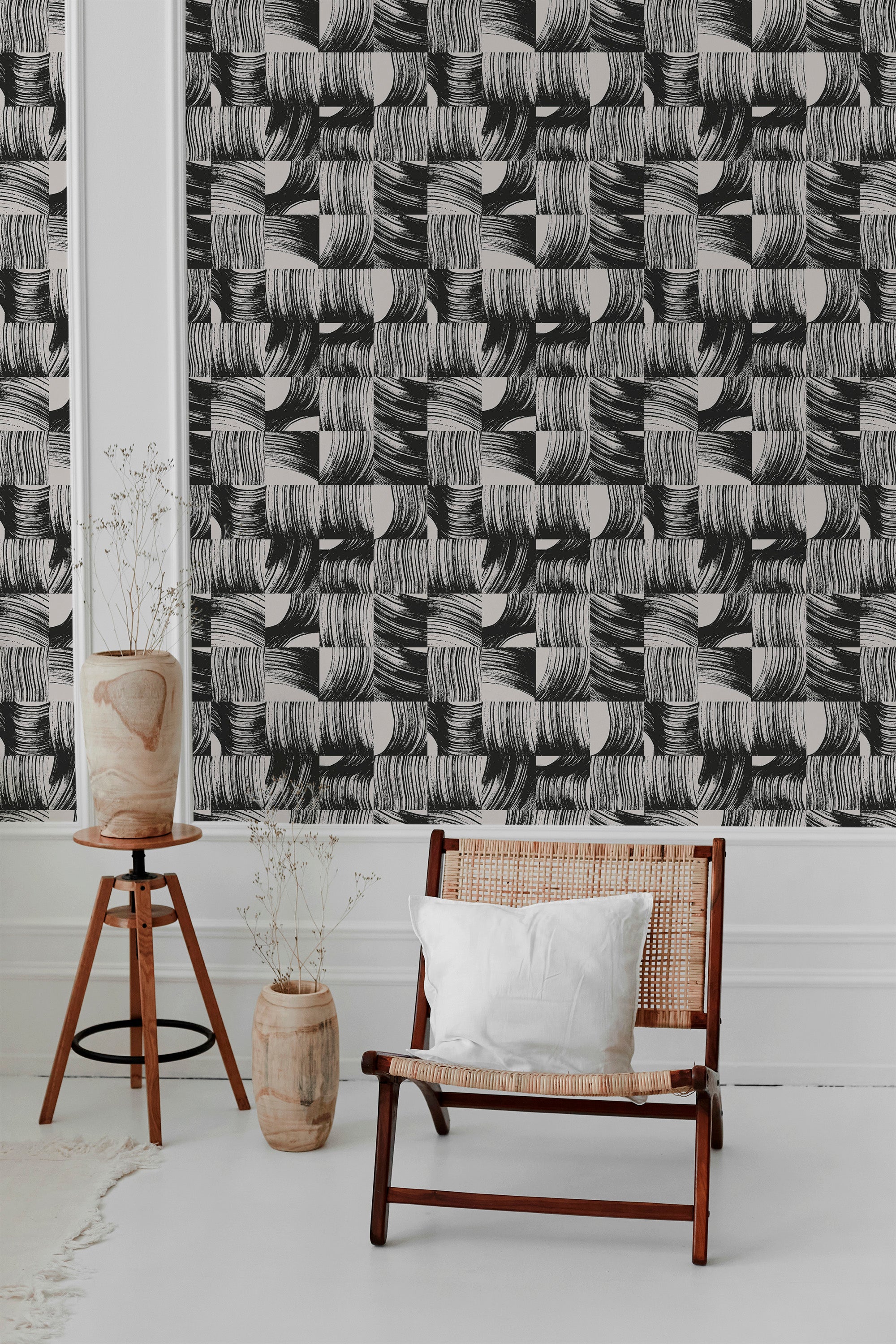 modern living room rattan chair decorative vase japandi brush stroke pattern