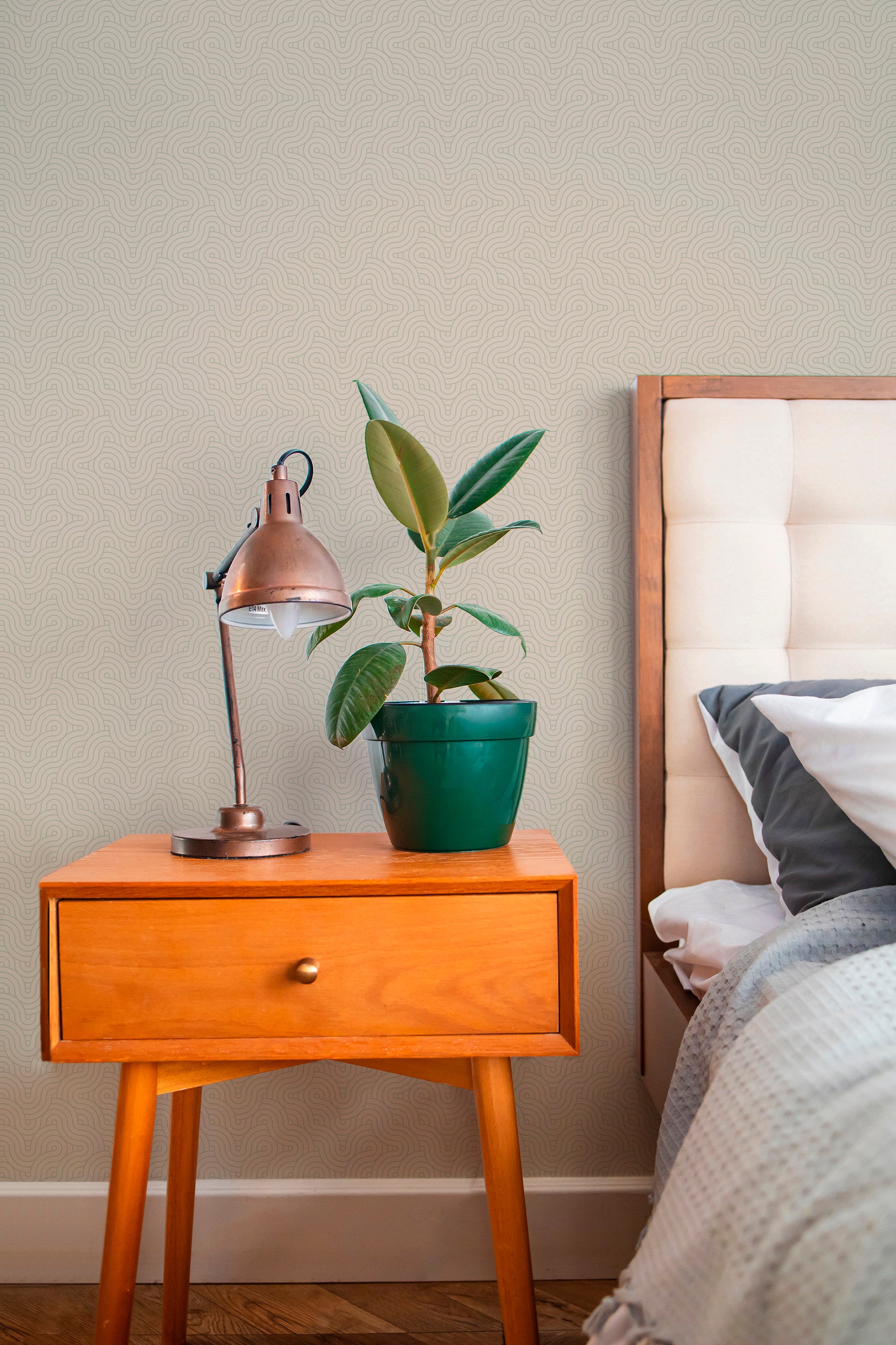 stylish bedroom interior nightstand plant lamp calm beige geometric accent wall