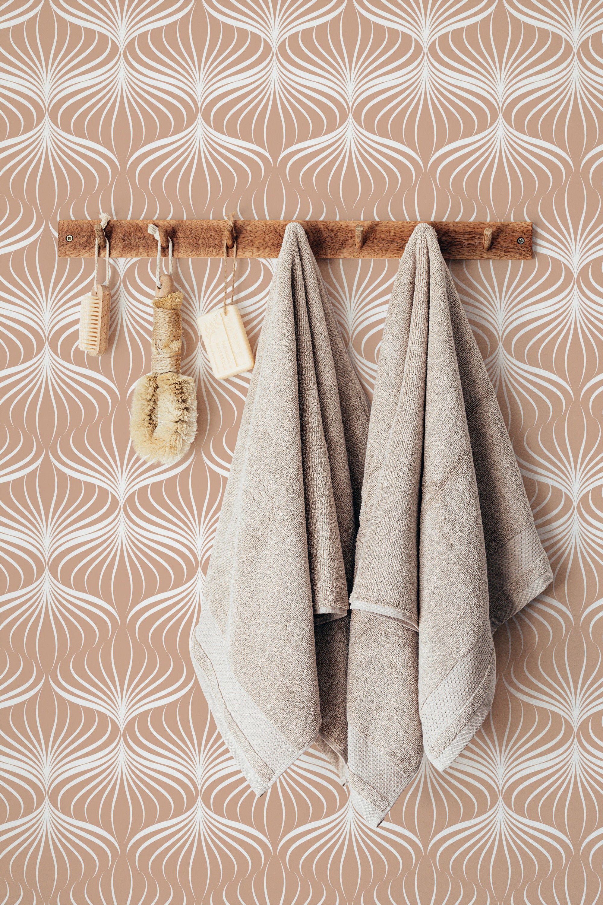 stick and peel wallpaper oriental floral pattern bathroom brush soap towel accessory wall