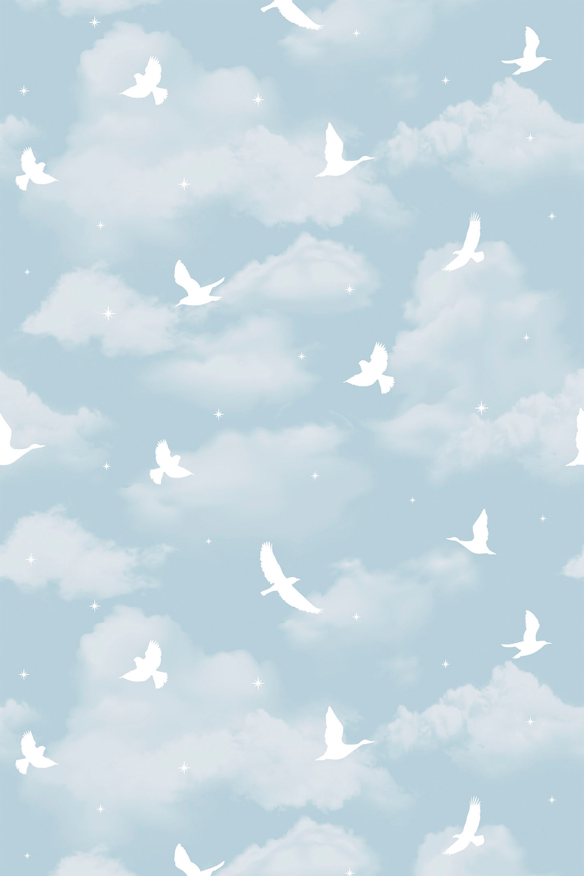 Pattern of white birds flying against a light blue sky with clouds.