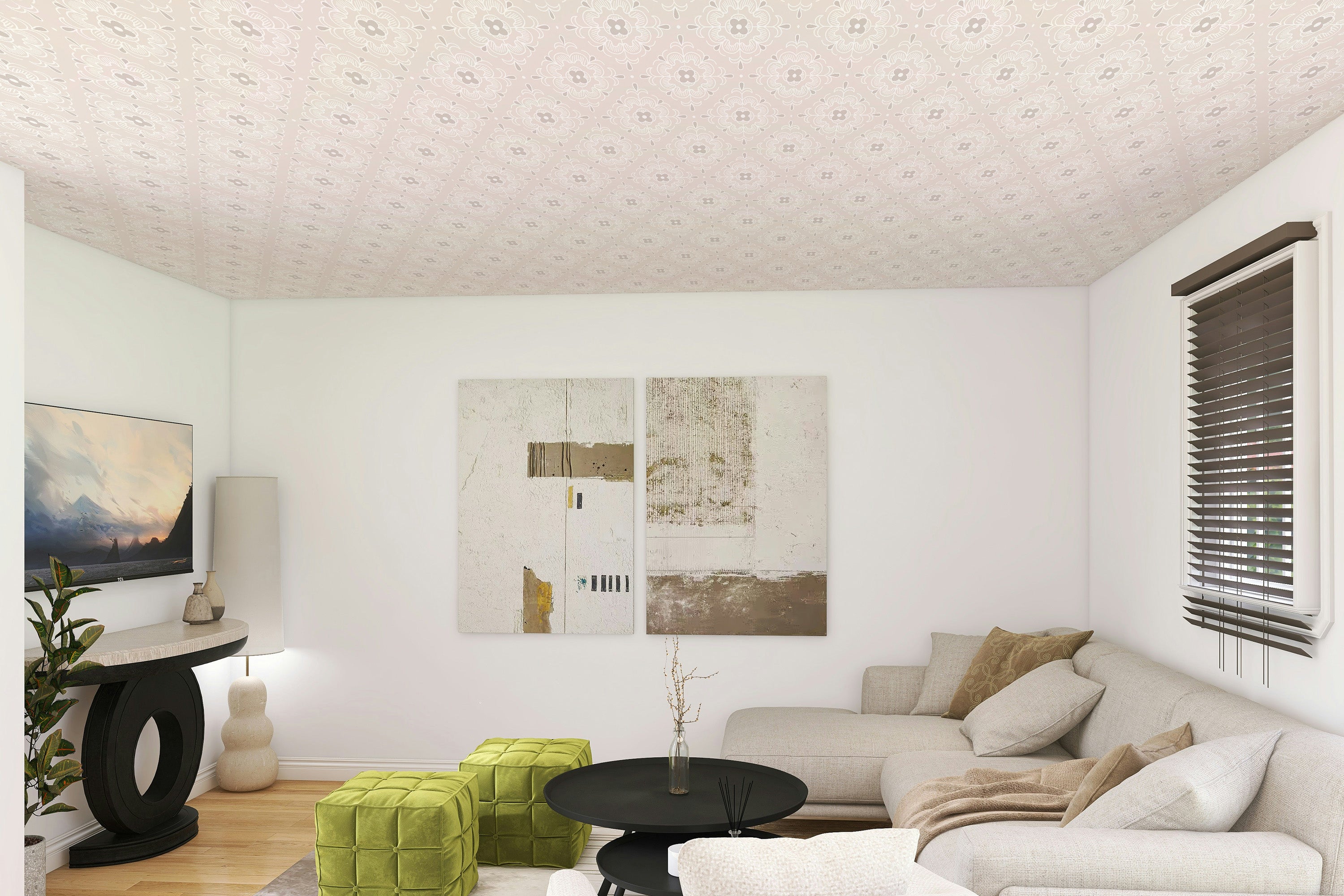 Modern living room with a beige sofa, green cube ottomans, and abstract wall art and ceiling wallpaper.