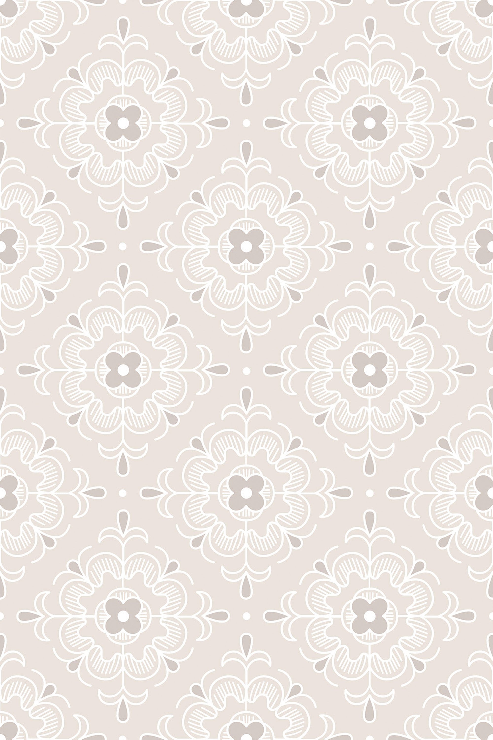 White floral lace pattern on a beige background