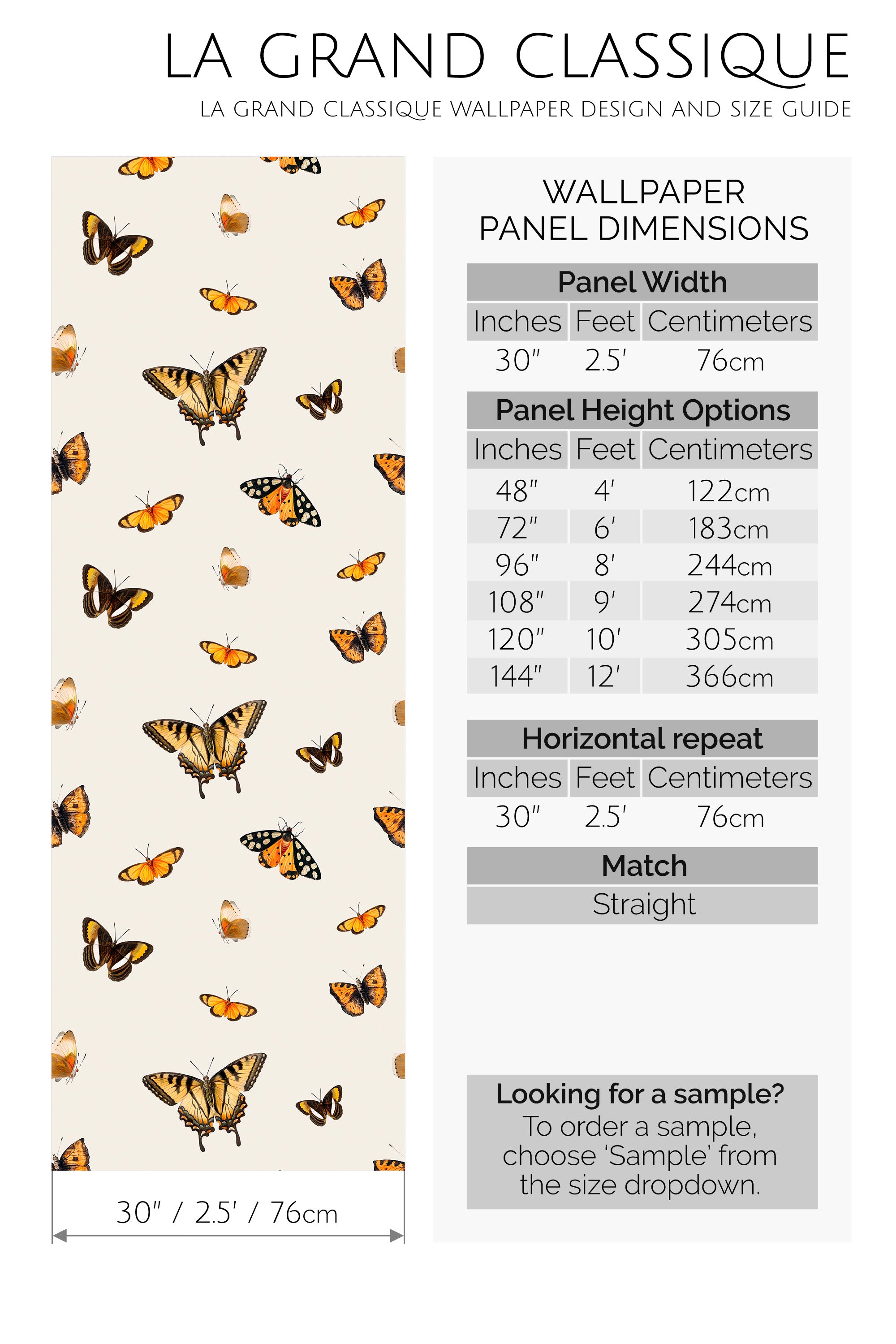 Wallpaper panel design with butterfly pattern and size guide on a white background