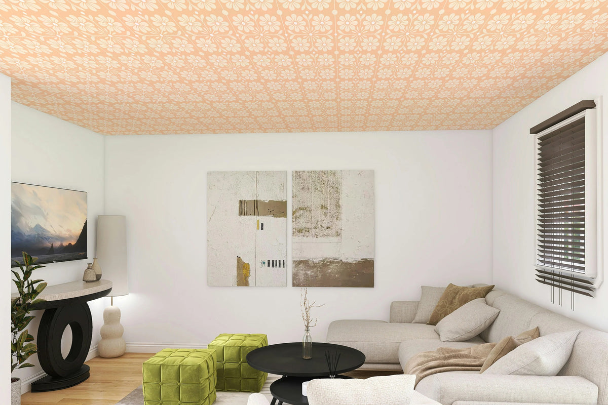 Stylized Daisy Trellis self-adhesive wallpaper on a living room ceiling, with a peach background and a white daisy pattern.
