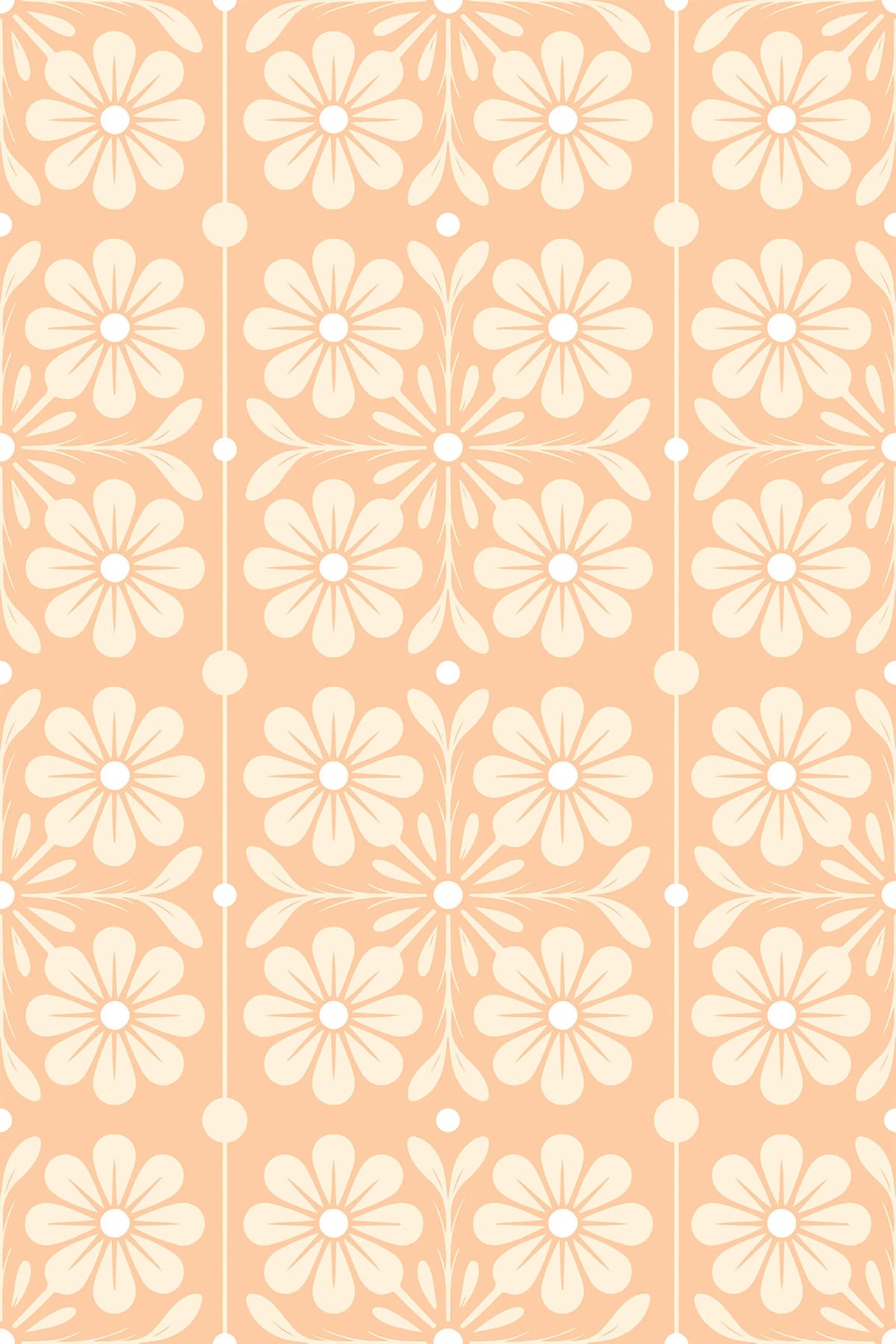 Stylized Daisy Trellis grasscloth wallpaper with cream floral medallions, leaves, and dotted vertical lines on a peach background.