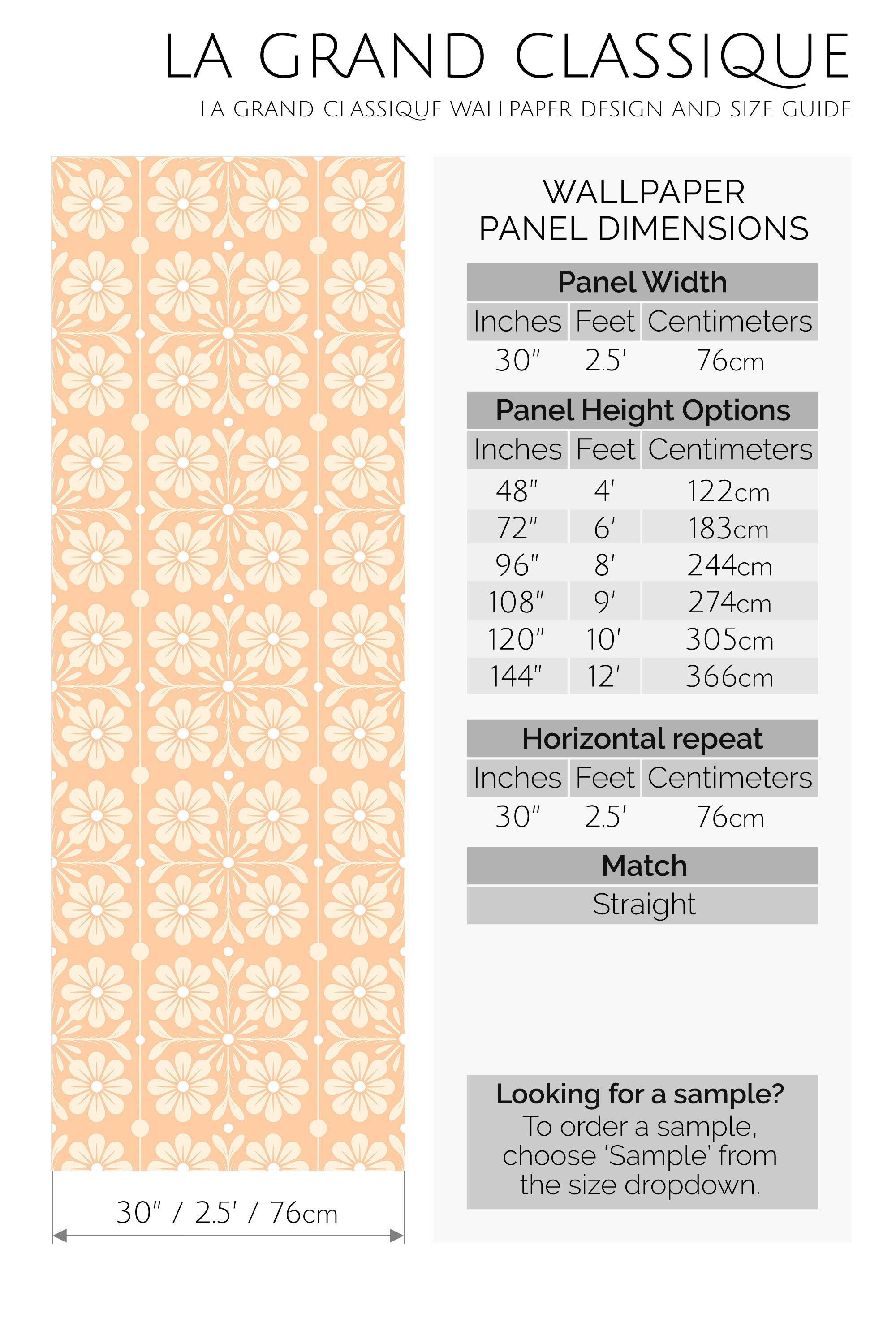 Wallpaper panel design and size guide with floral pattern and dimensions.