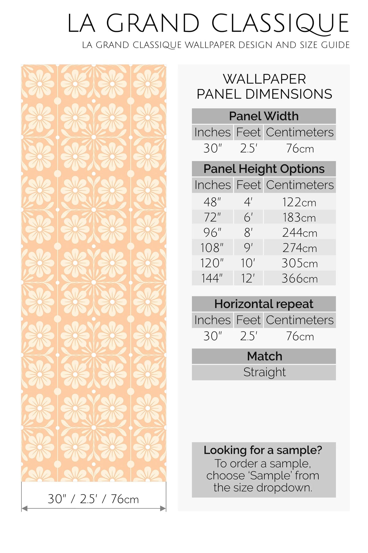 Stylized Daisy Trellis peel-and-stick wallpaper panel dimensions guide with 30 in width, height options, repeat, straight match.