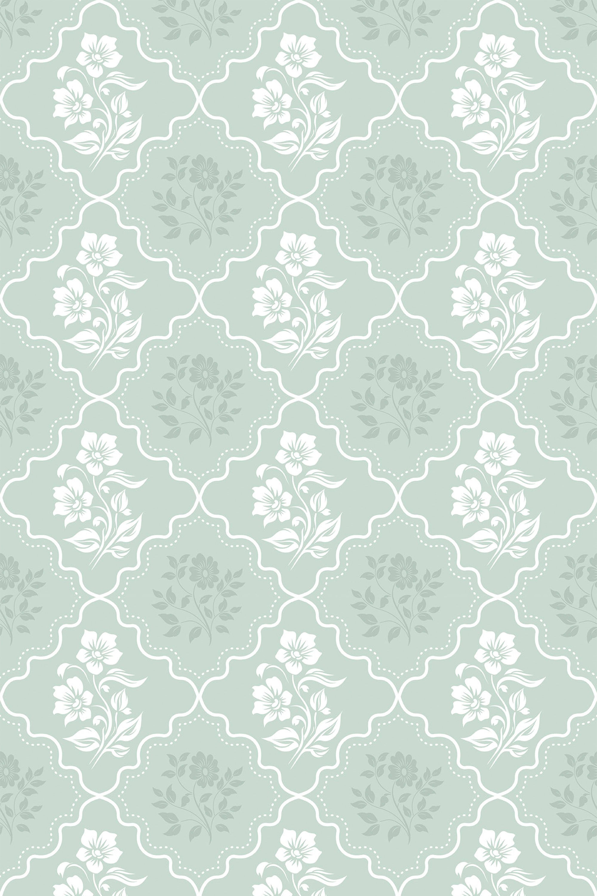 Pattern of white flowers on a light green background