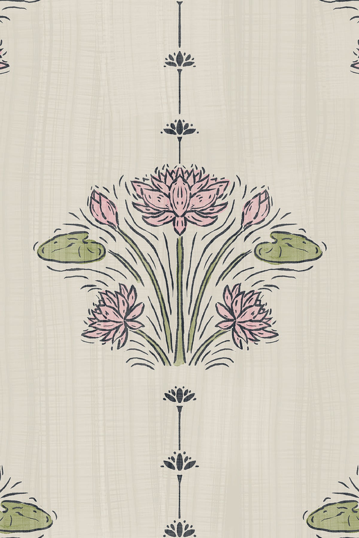 Delicate Lotus Sprigs removable wallpaper featuring pink lotus flowers, green lily pads, and navy stems on a pale green background.