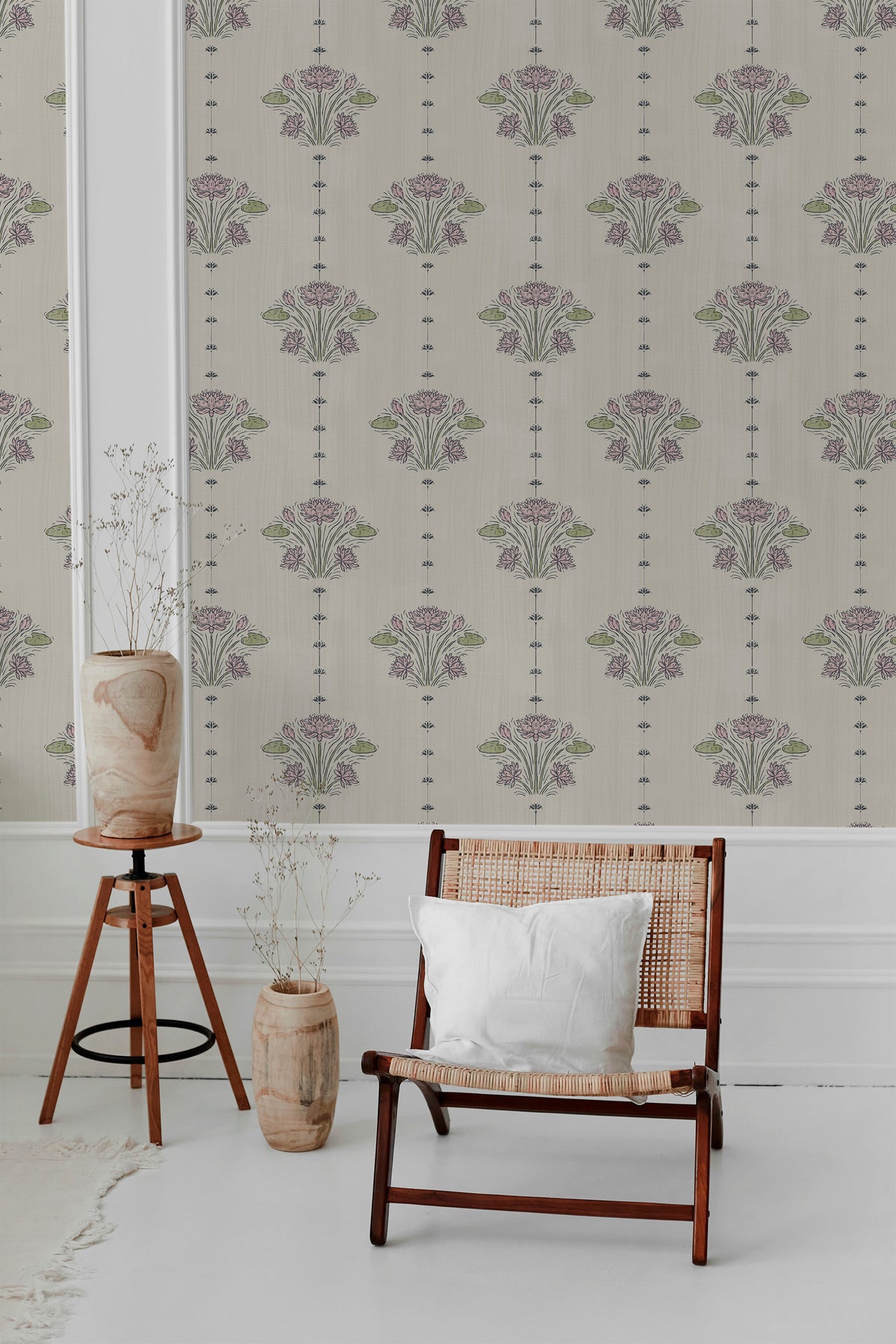 Delicate Lotus Sprigs self-adhesive wallpaper in a styled interior wall with spaced lotus sprigs on beige