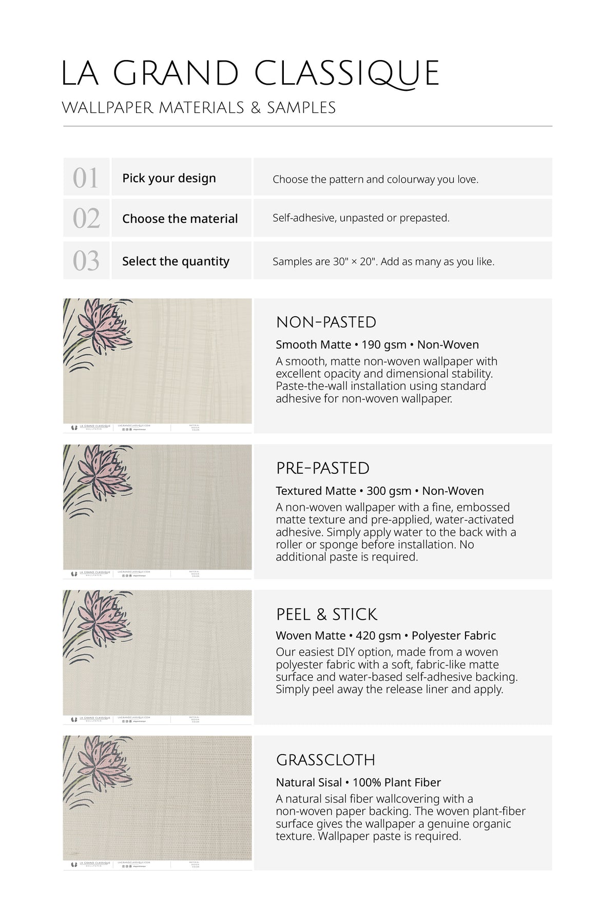 Delicate Lotus Sprigs non pasted wallpaper materials and samples chart showing non-pasted, pre-pasted, peel & stick, grasscloth