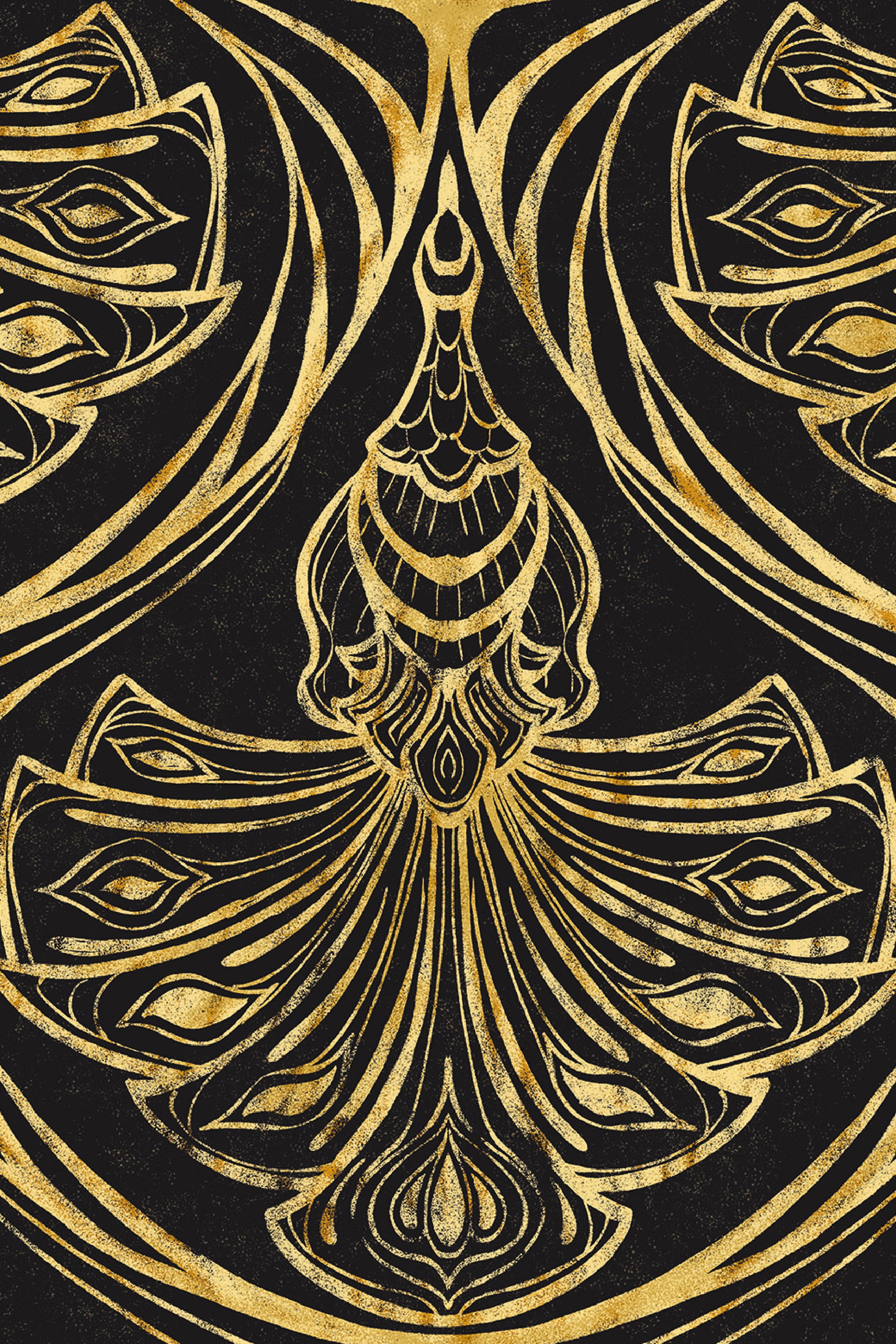 Peacock Damask removable wallpaper with stylized peacock tail fan and eye motifs in yellow on black.