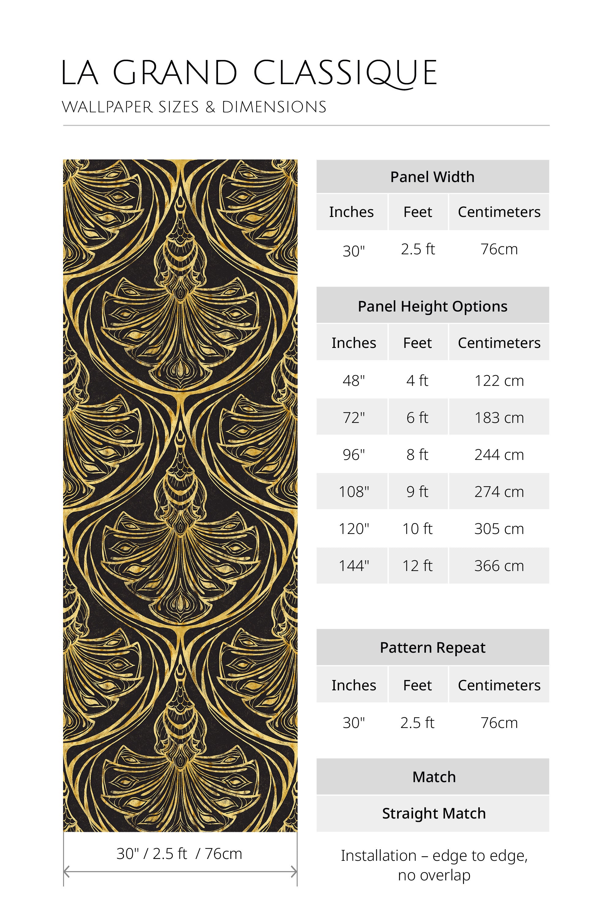 Peacock Damask non-pasted wallpaper panel dimensions: 30 in wide, height options 48–144 in; pattern repeat 30 in.