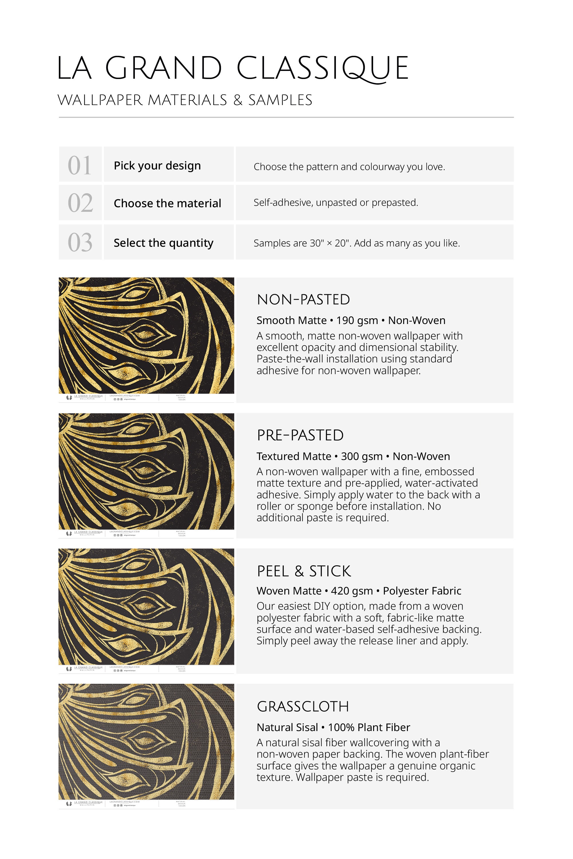 Peacock Damask wallpaper material guide showing sample options: non-pasted, pre-pasted, peel-and-stick, grasscloth.