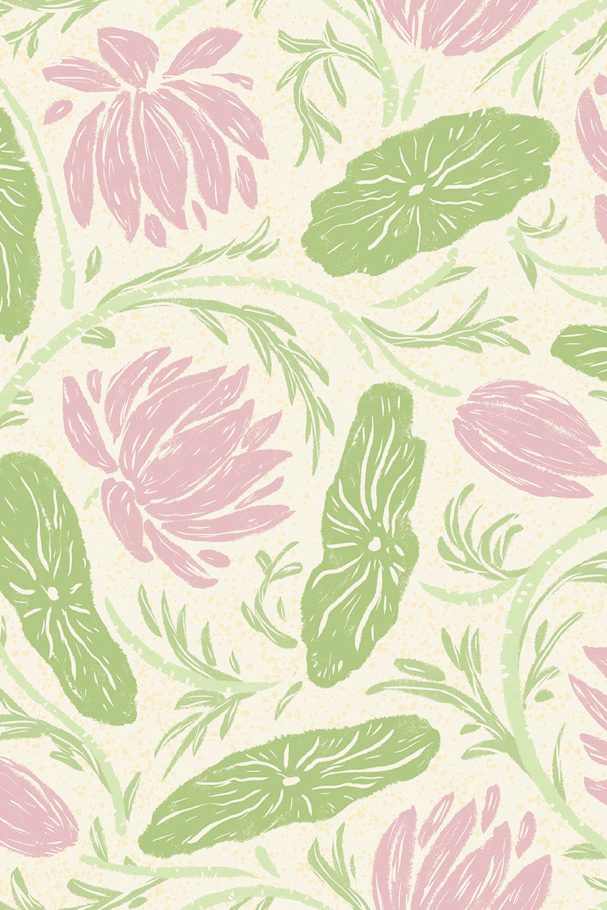 Bold Floral Vines self-adhesive wallpaper with lilac flowers and bright green leaves on a pale speckled cream ground.