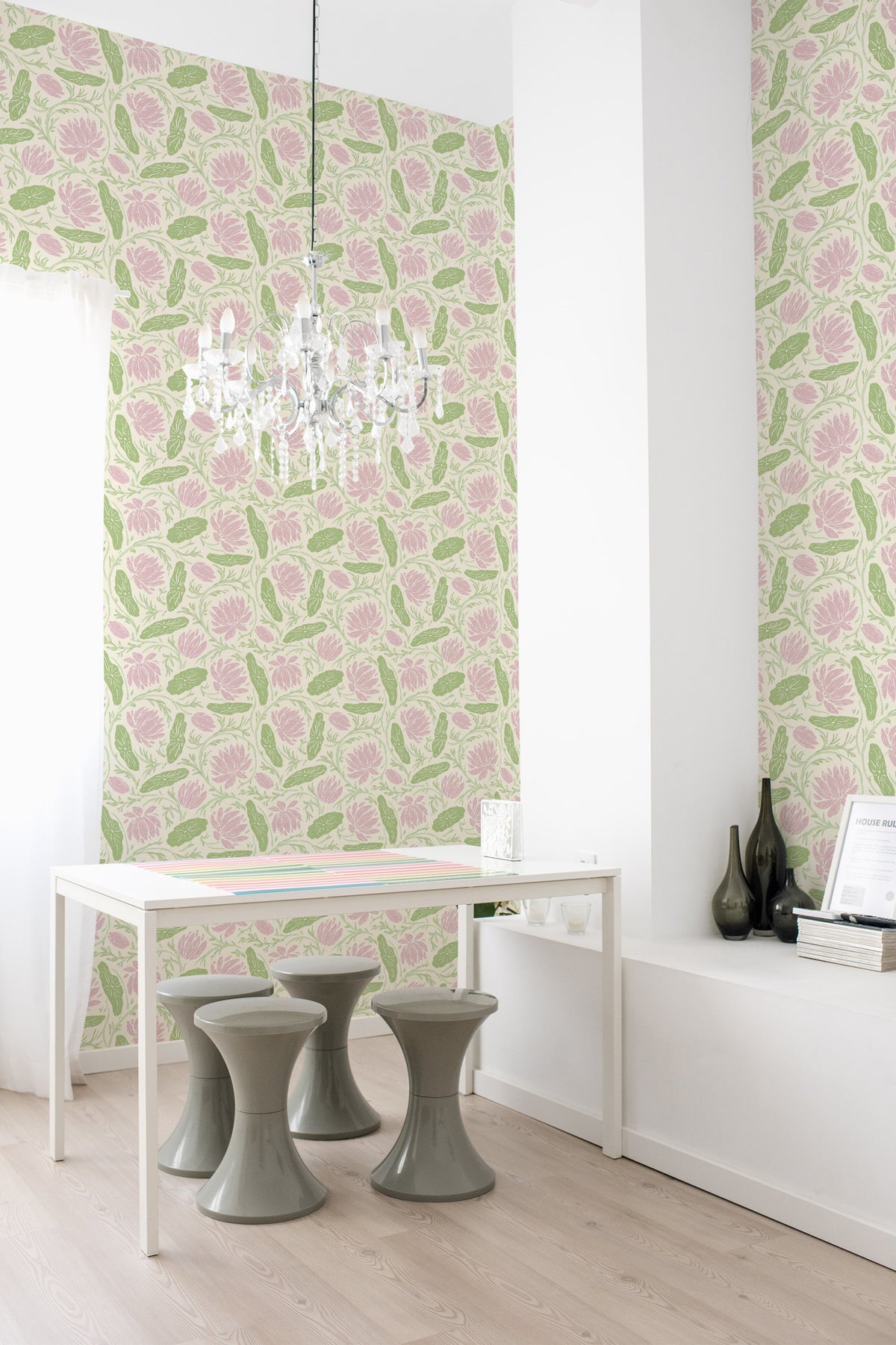 Bold Floral Vines peel and stick wallpaper in a dining room, pink florals and green leaves on light cream.