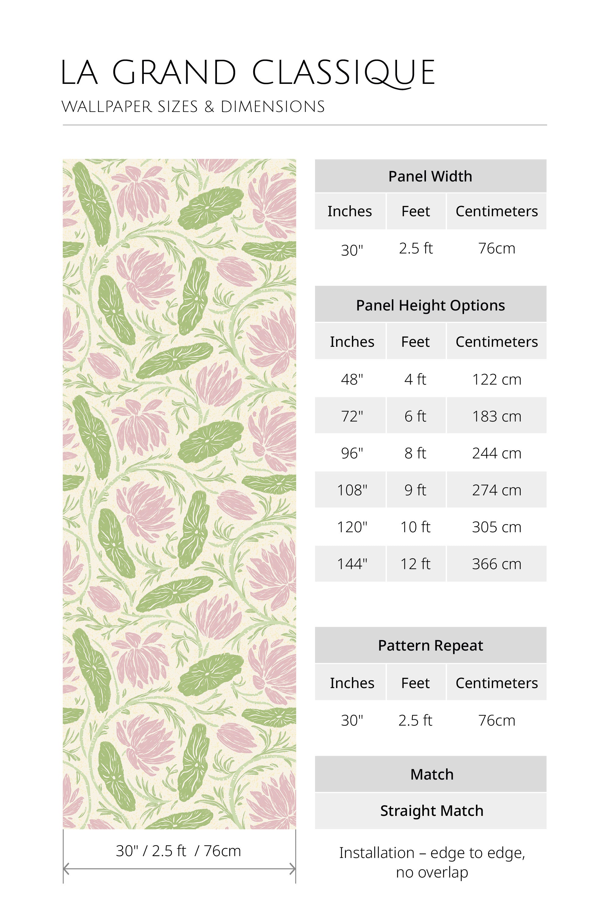 Bold Floral Vines non-pasted wallpaper size and dimensions chart with 30-inch panel width and height options.
