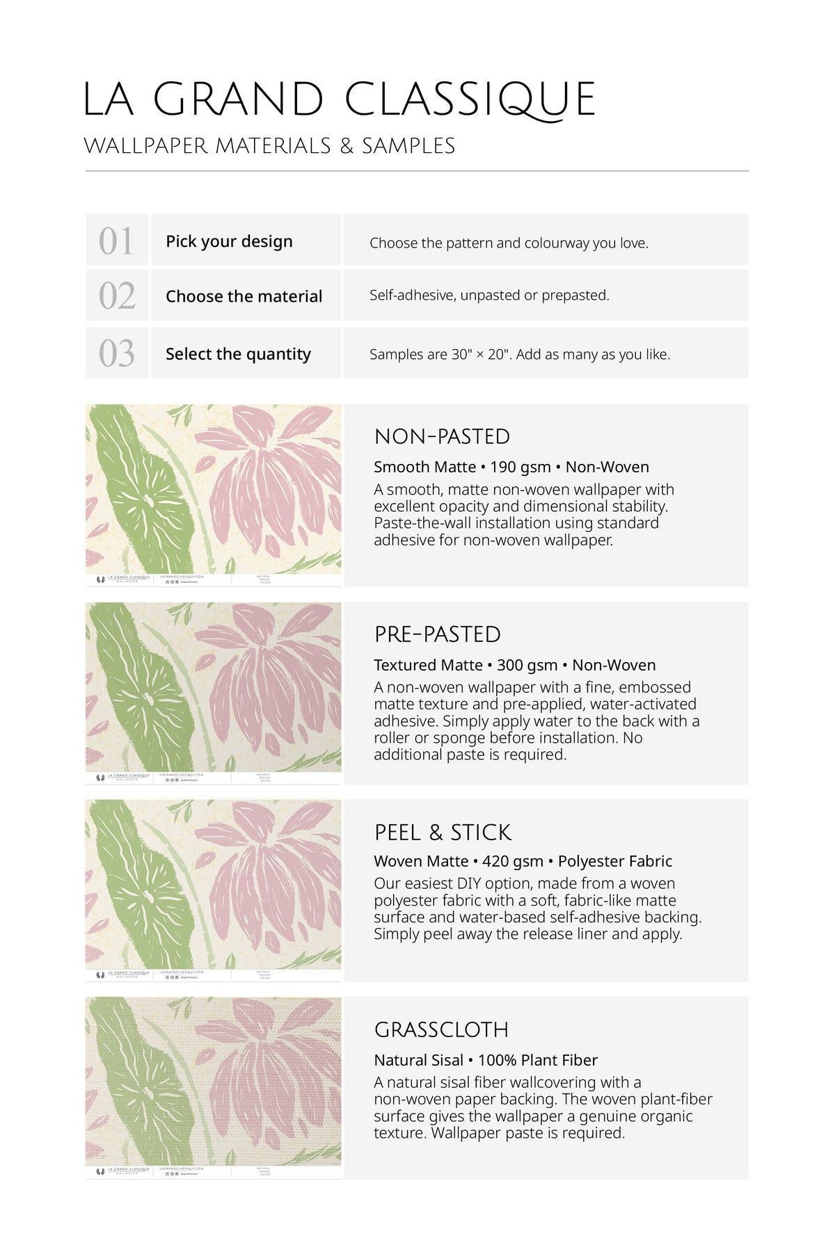 Bold Floral Vines wallpaper material samples chart comparing non-pasted, pre-pasted, peel & stick, and grasscloth