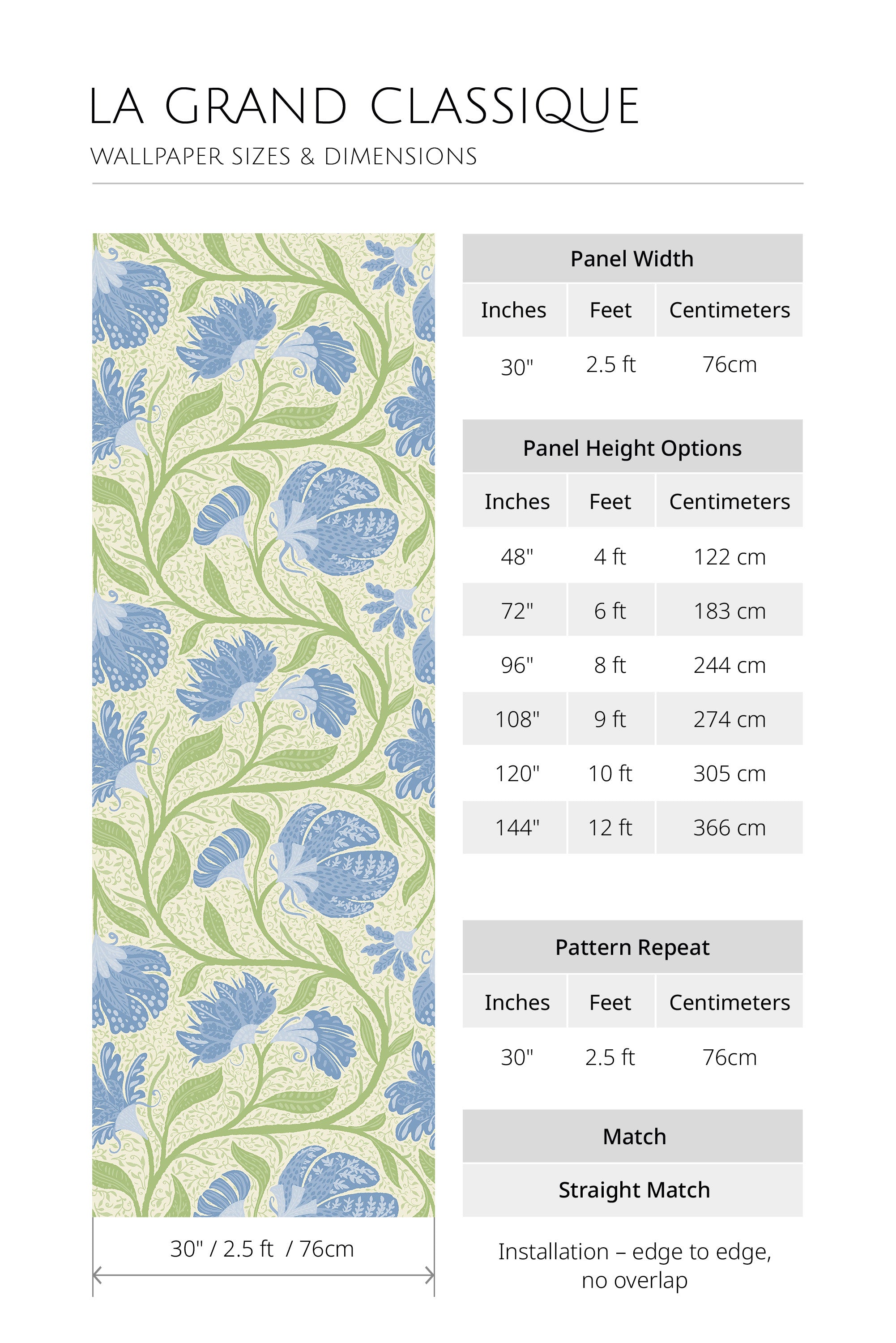 Flowing Floral Vines self-adhesive wallpaper dimensions chart with 30 in. panel width and height options 48–144 in.