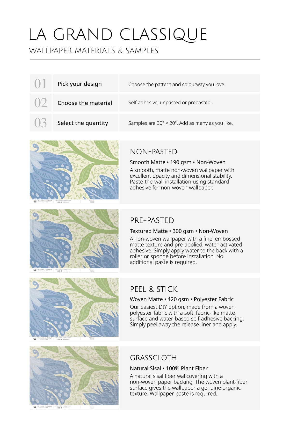 Flowing Floral Vines wallpaper material samples guide showing non-pasted, pre-pasted, peel-and-stick, and grasscloth.