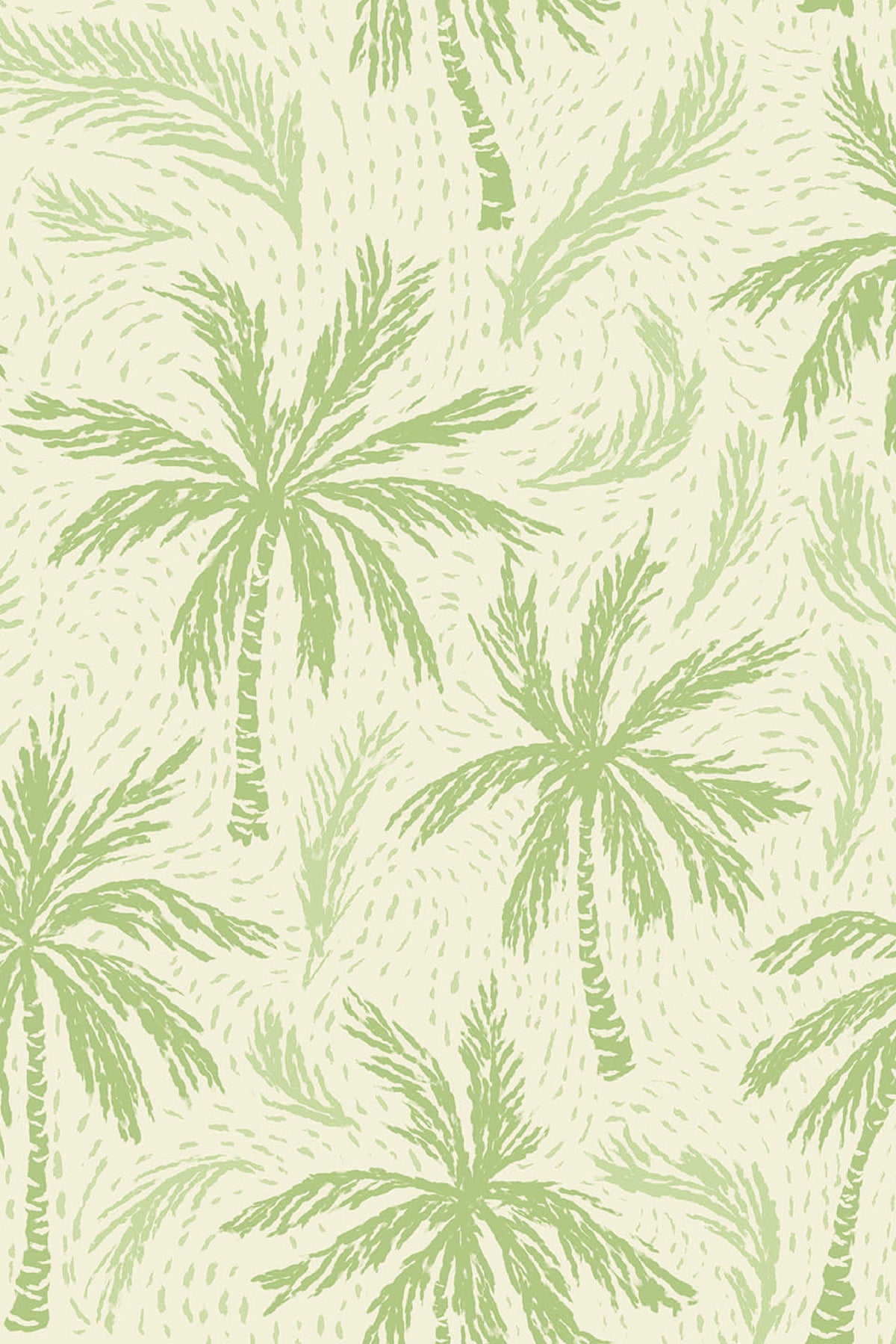Breezy Palm Grove removable wallpaper with sketchy palm tree silhouettes in bright green on pale mint ground.