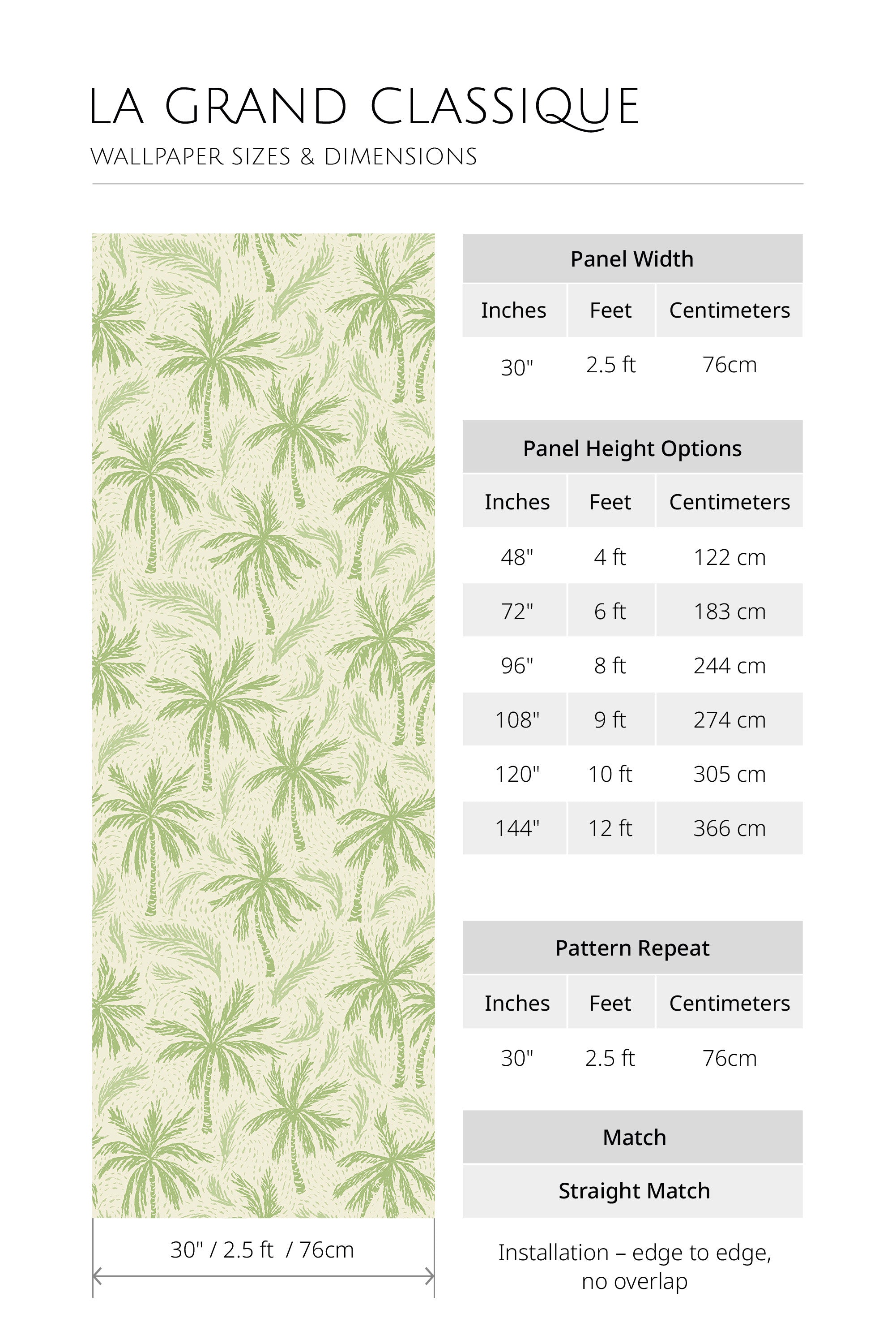 Breezy Palm Grove non-pasted wallpaper dimensions showing 30 in panel width, height options, 30 in repeat, straight match.