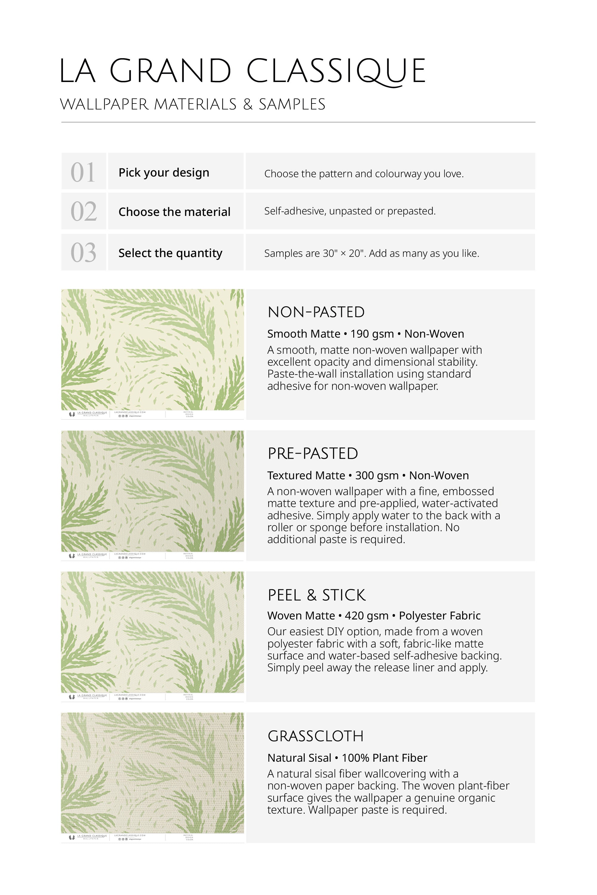 Breezy Palm Grove wallpaper material guide showing non-pasted, pre-pasted, peel-and-stick, and grasscloth options.