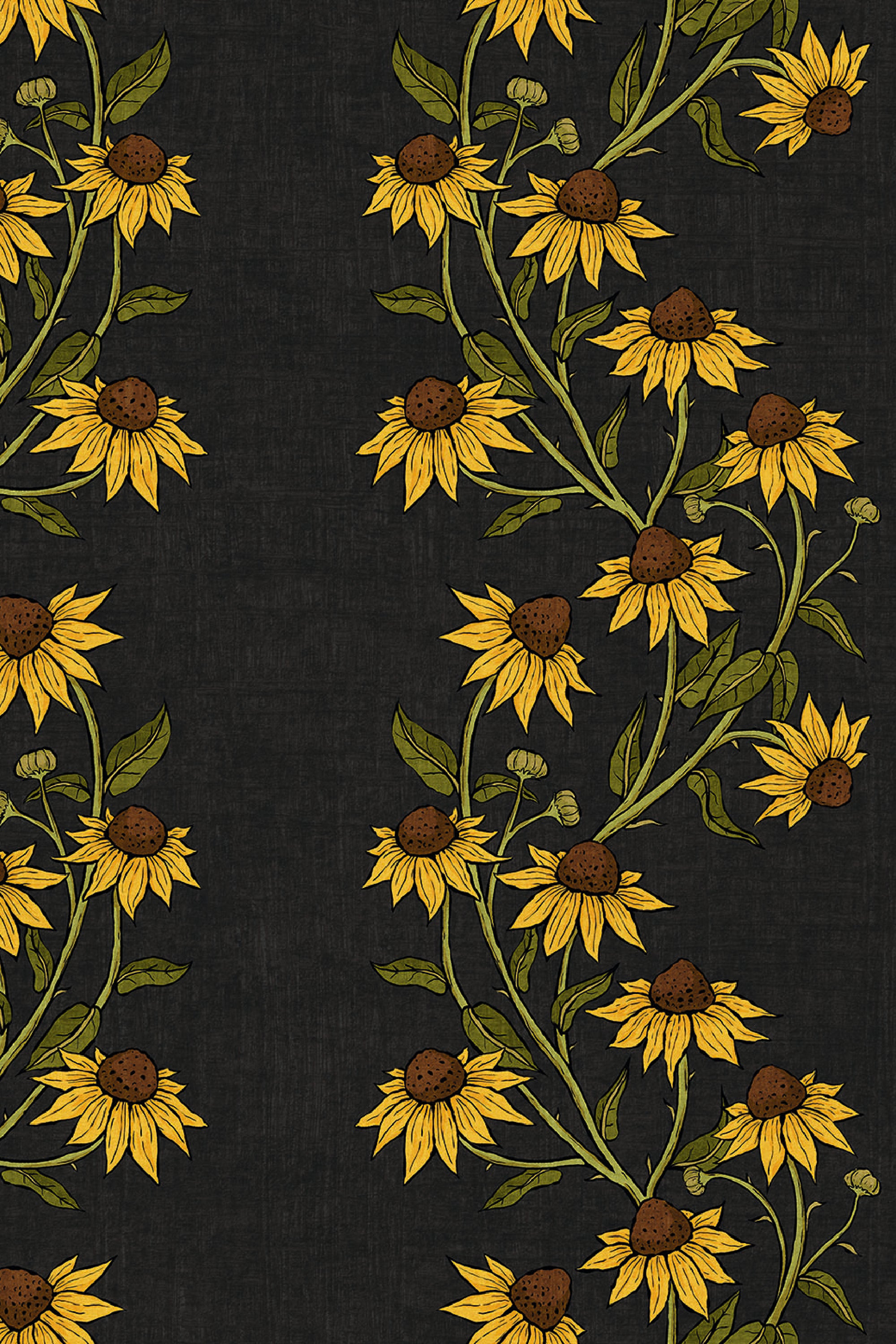 Trailing Sunflowers removable wallpaper pattern with yellow sunflowers and green leaves on a dark charcoal background.