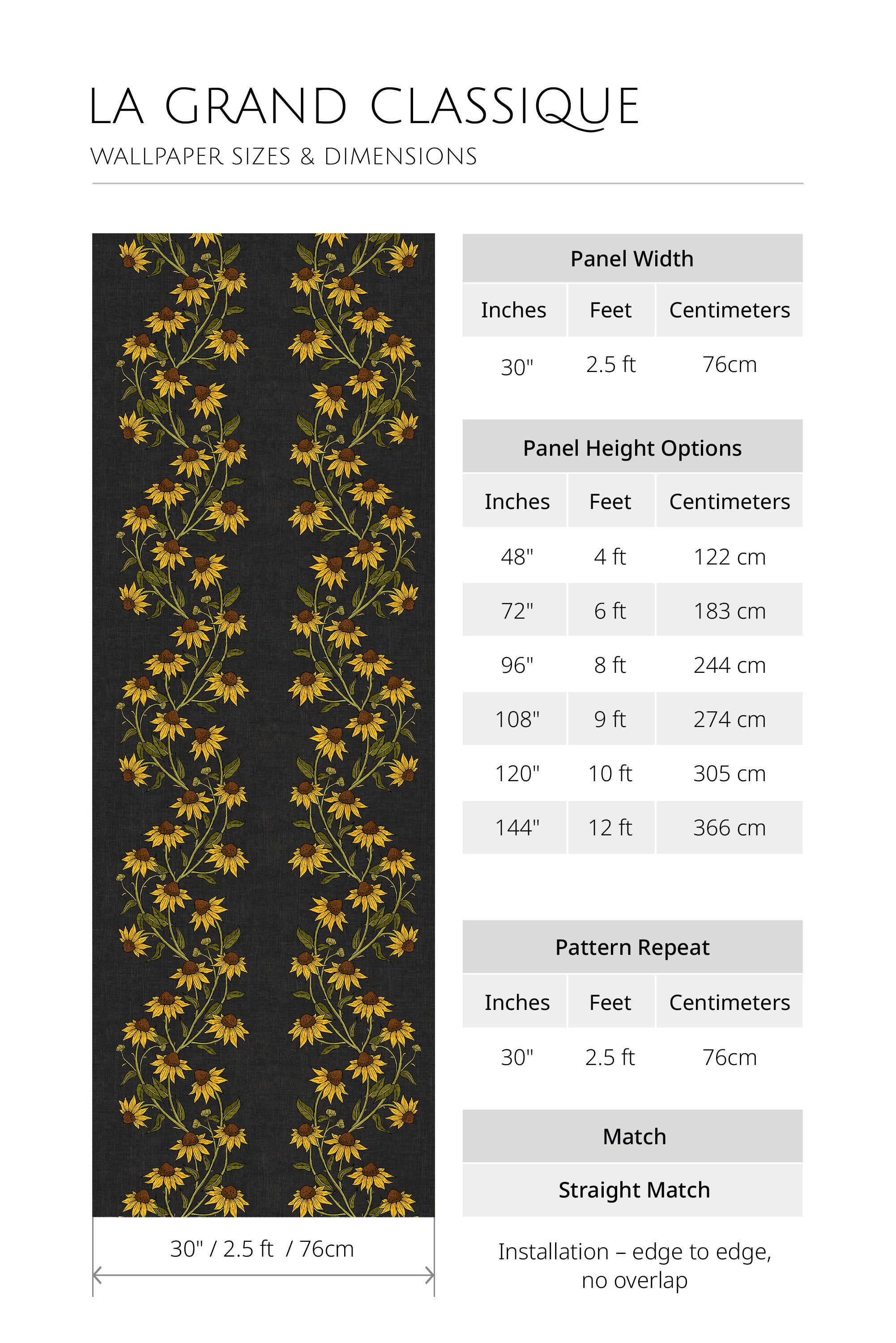 Trailing Sunflowers non-pasted wallpaper size chart: 30 in panel width, height options, 30 in repeat, straight match.