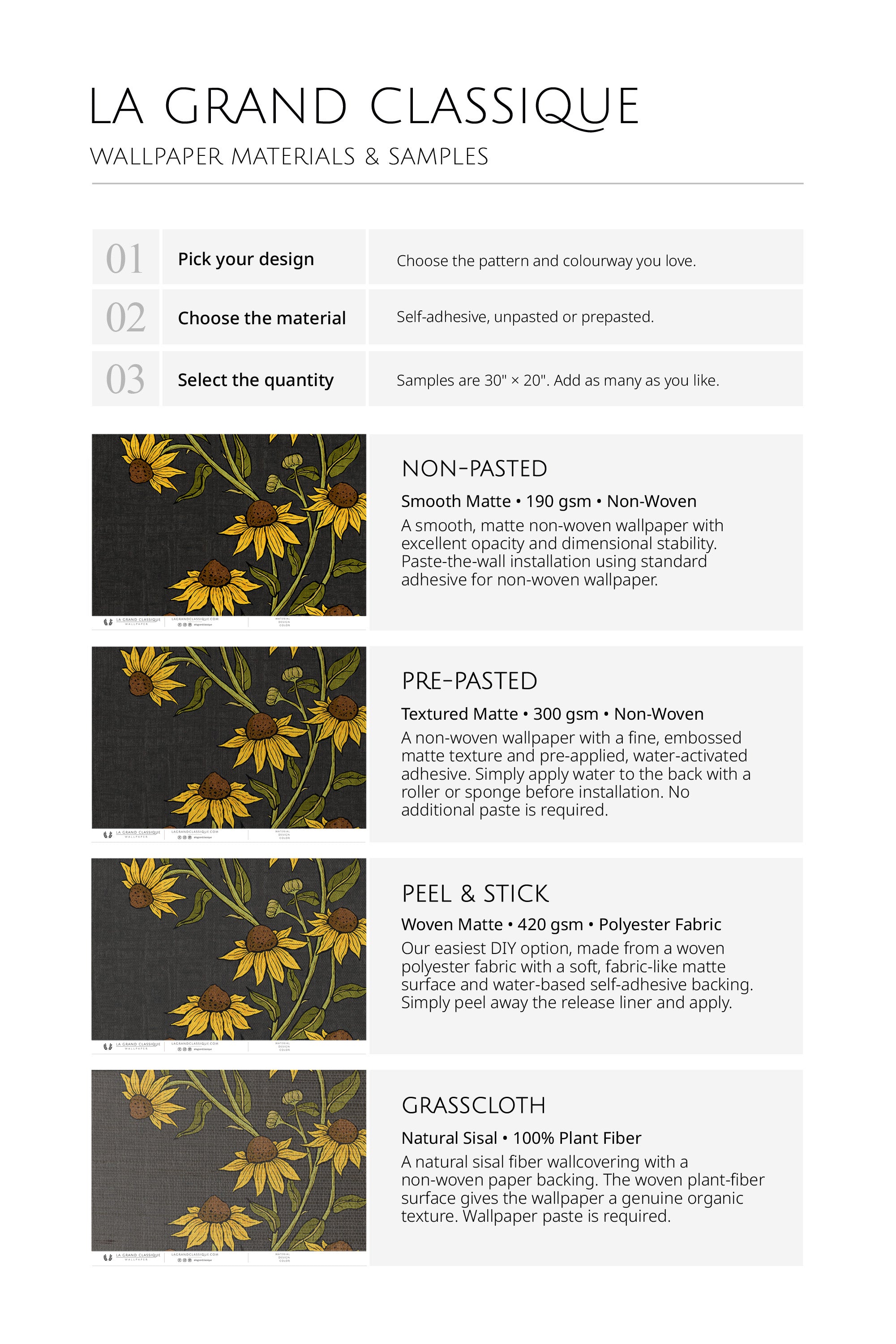 Trailing Sunflowers wallpaper materials and samples chart comparing non-pasted, pre-pasted, peel-and-stick, and grasscloth.