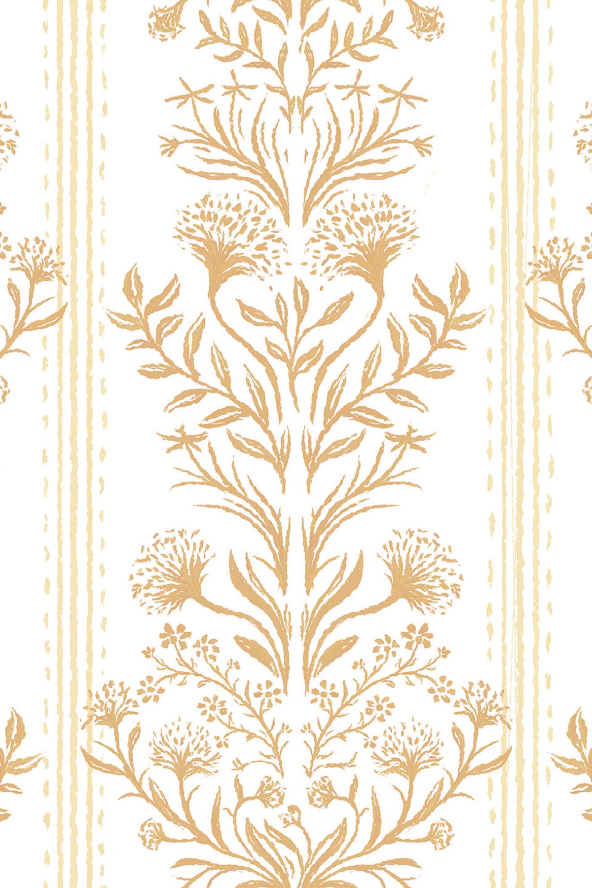 Ornate Damask removable wallpaper pattern with tan botanical damask motifs on white with pale vertical stripes.