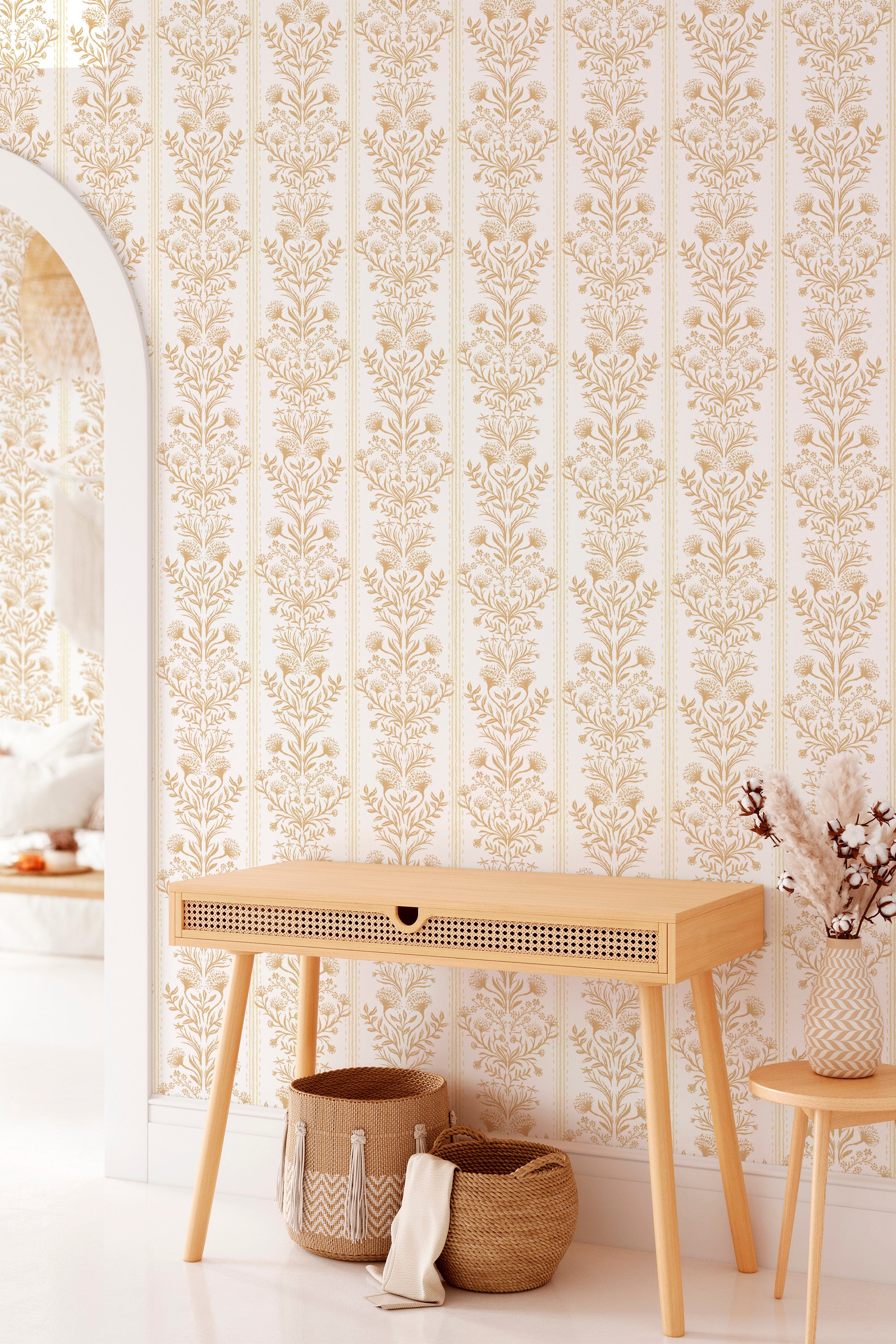 Ornate Damask pre-pasted wallpaper on an entryway wall, vertical floral stripe repeat in warm tan on cream.