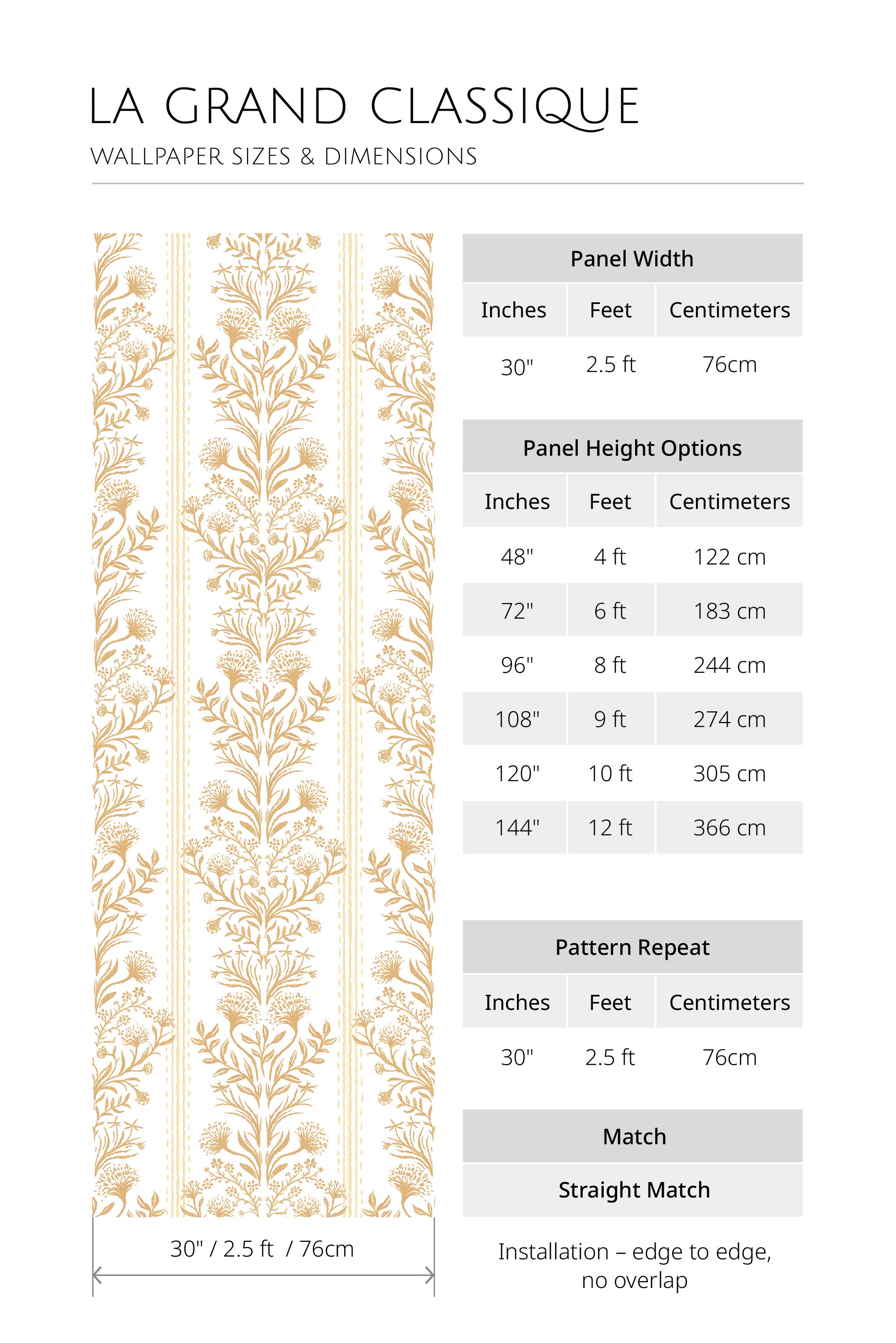 Ornate Damask non-pasted wallpaper sizing chart with 30 in panel width, height options, 30 in repeat, straight match.