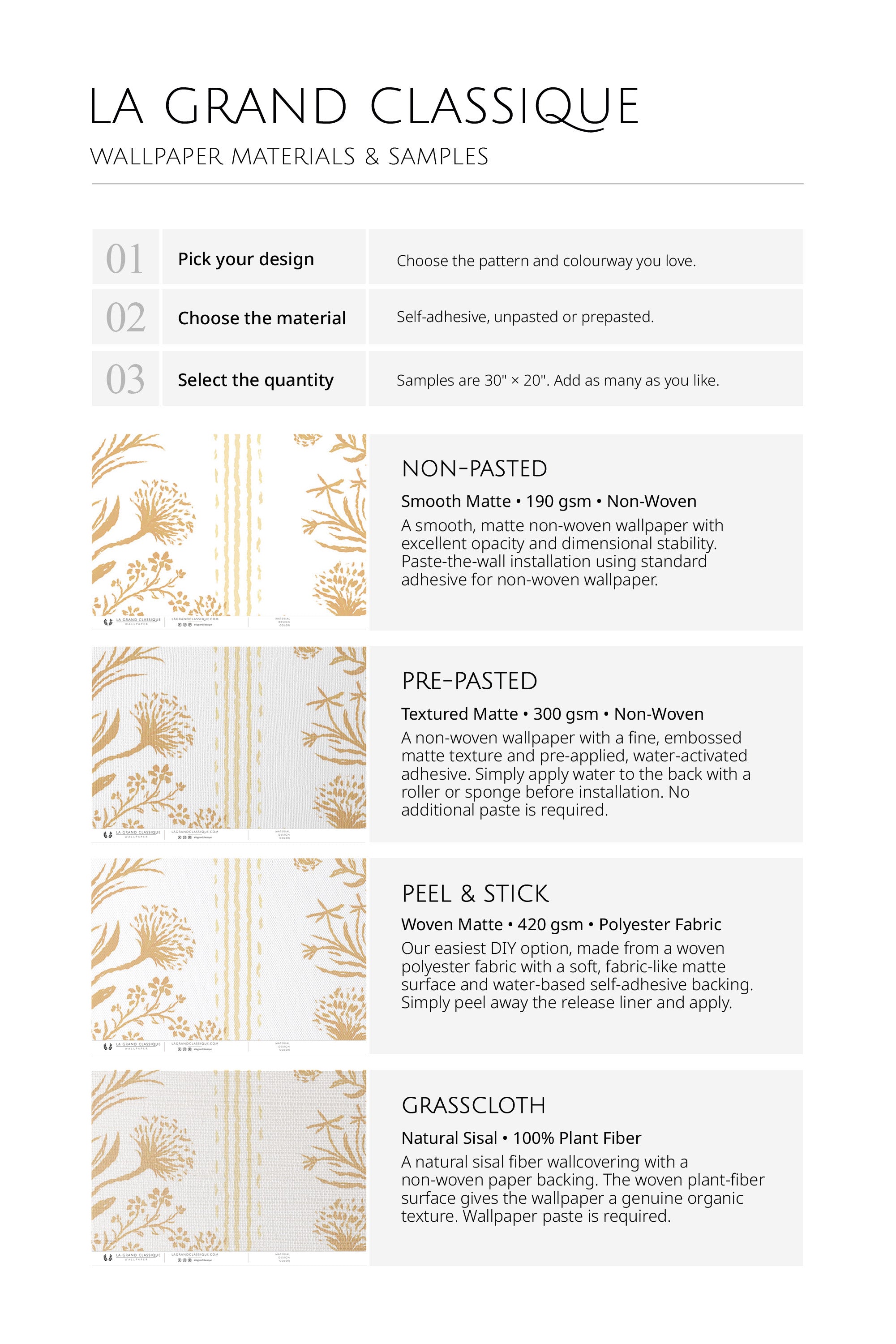 Ornate Damask wallpaper material guide showing non-pasted, pre-pasted, peel and stick, and grasscloth options.