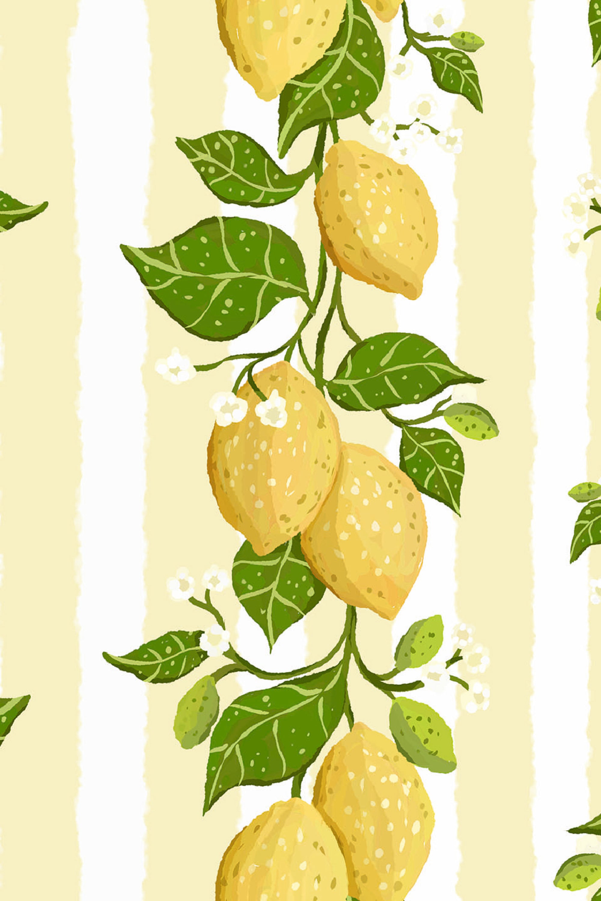 Zesty Lemon Vines removable wallpaper with yellow lemons and green leaves on pale yellow and white vertical stripes.